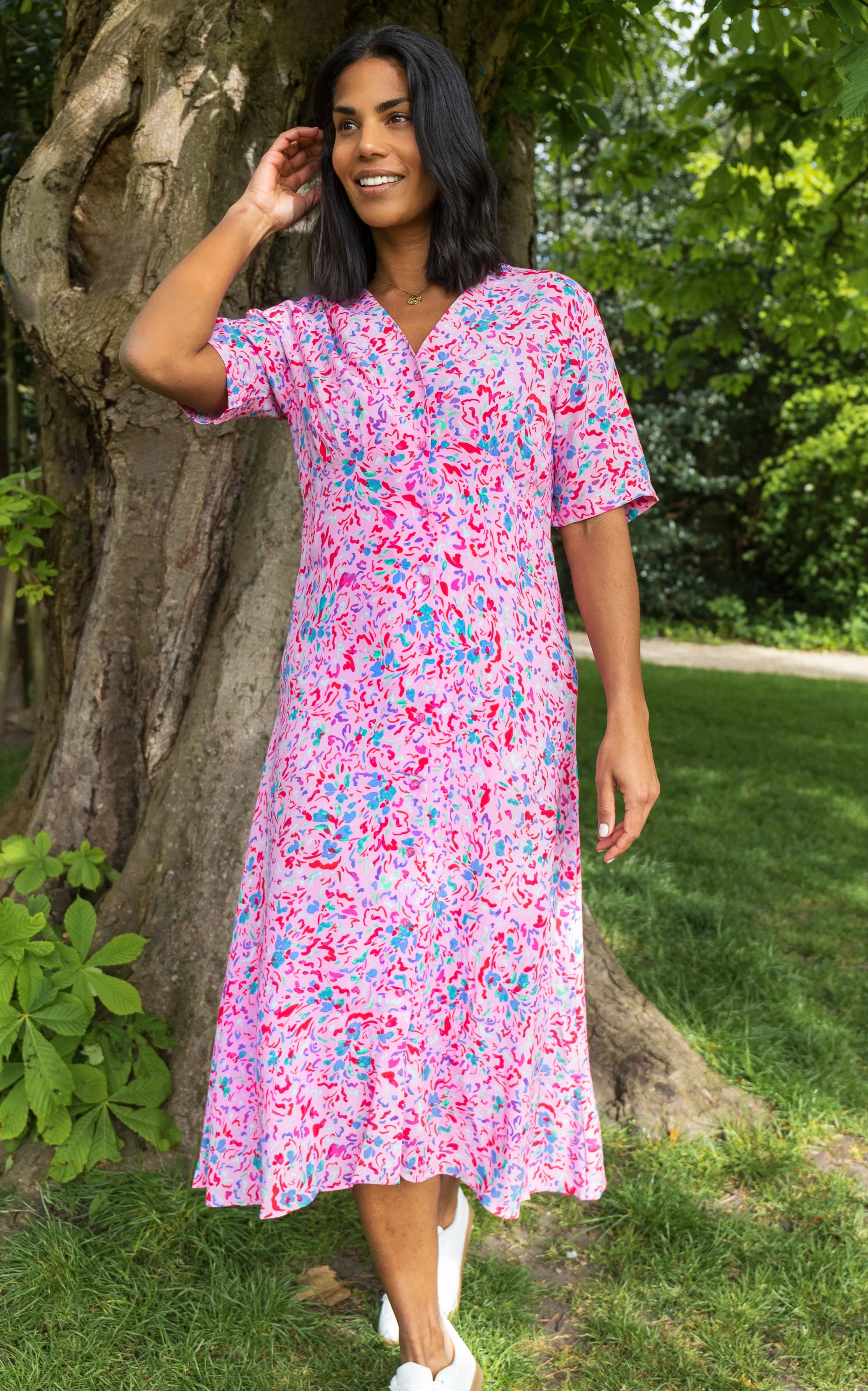 Carine Pink Graphic Midi Dress Light Volume Floral-Pattern