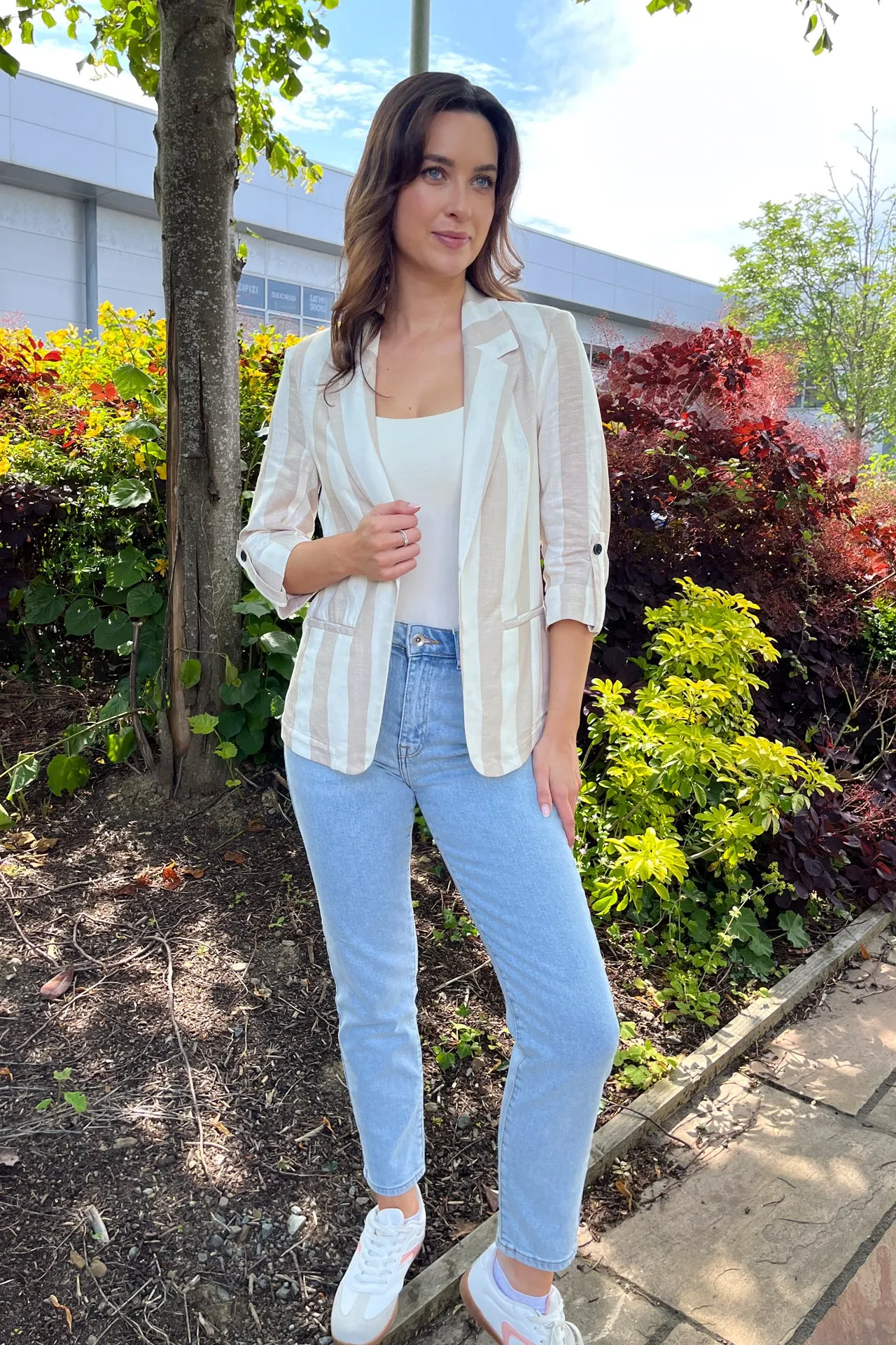 Cold Days Cold Ready Look Caro Beige & White Stripe Blazer