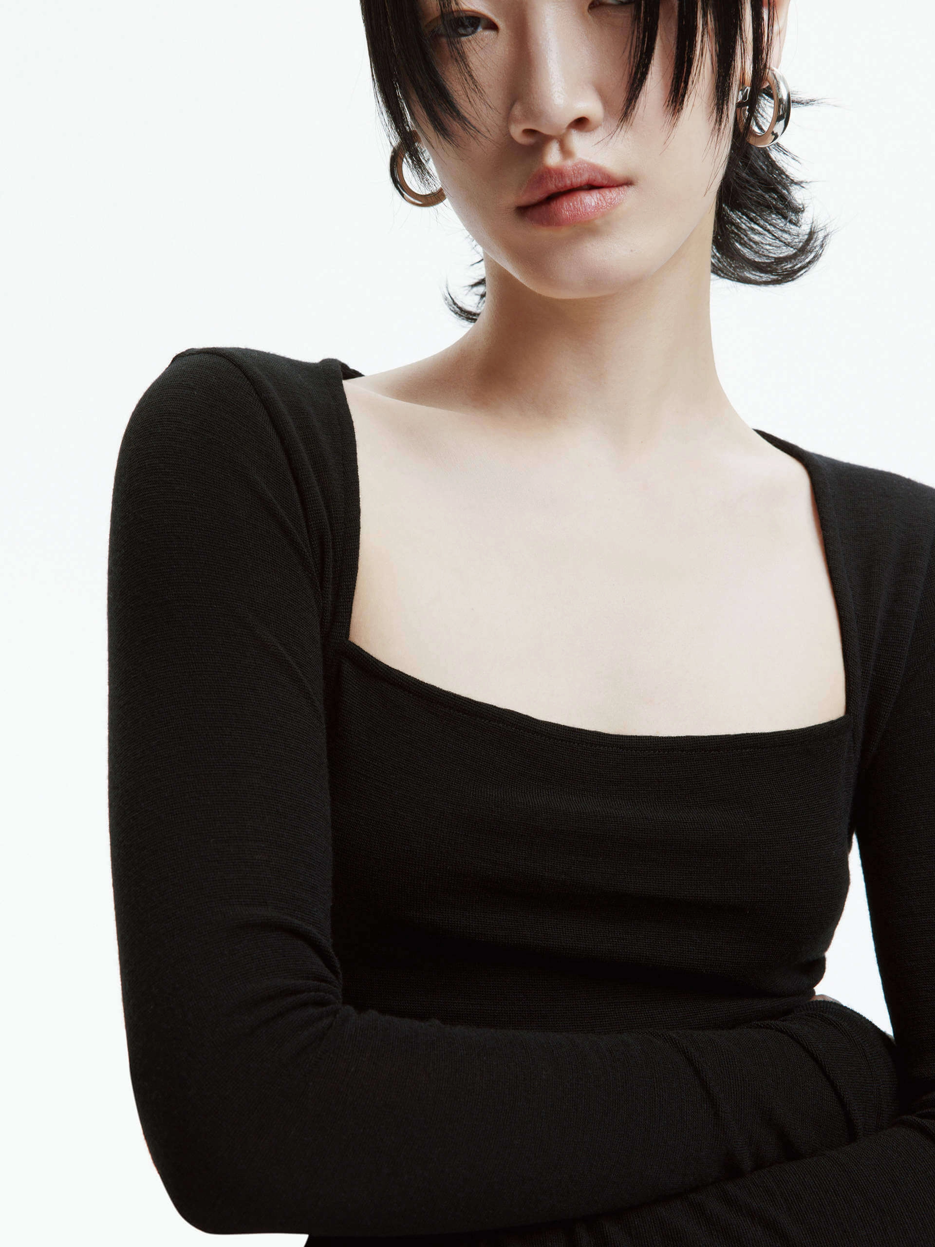 Wool Square Neck Knit Top Body Adaptive Fit High Elasticity Fabric