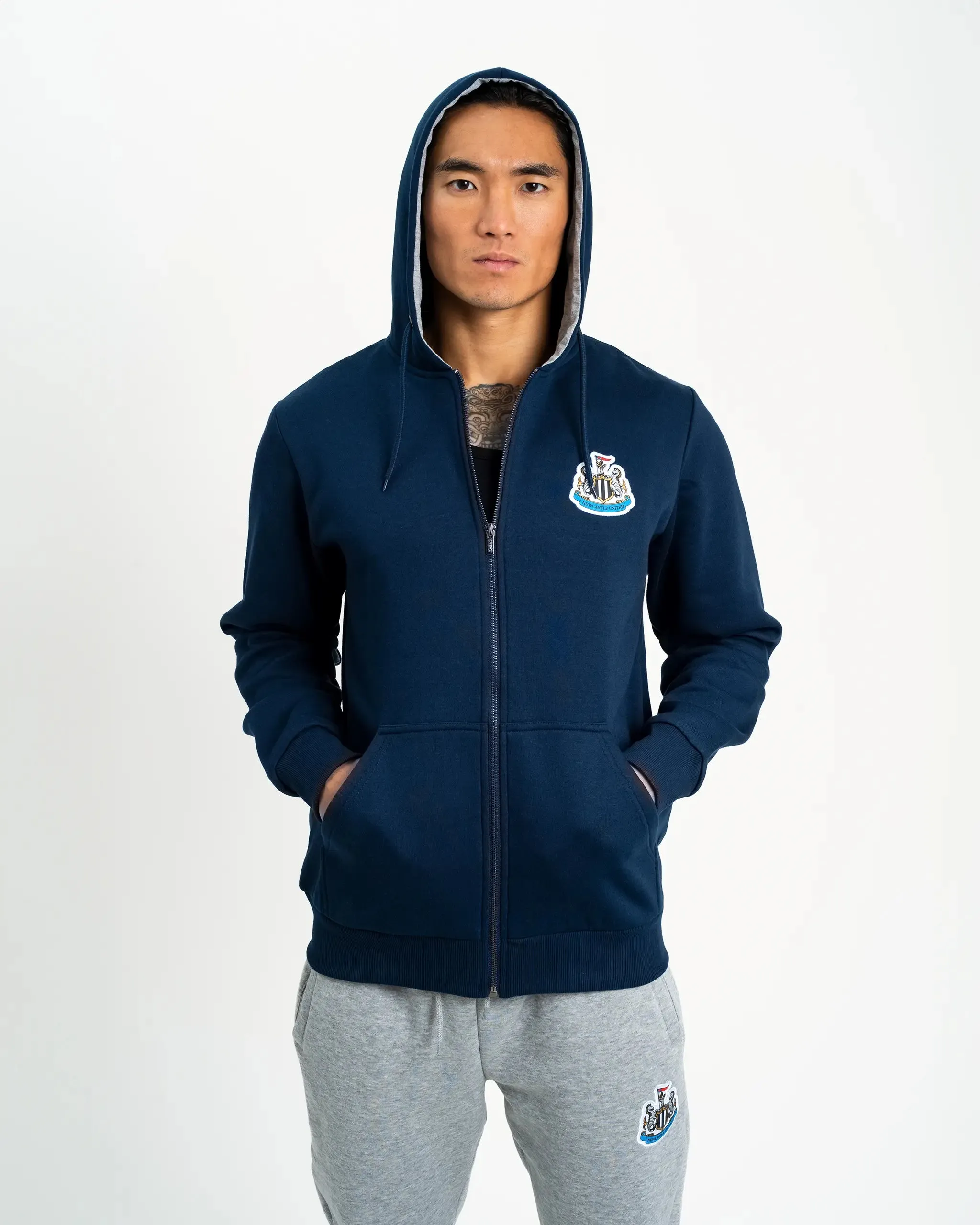 Newcastle United Men's Navy Terrace Full Zip Hoodie Comfort Waist Sporty Comfort