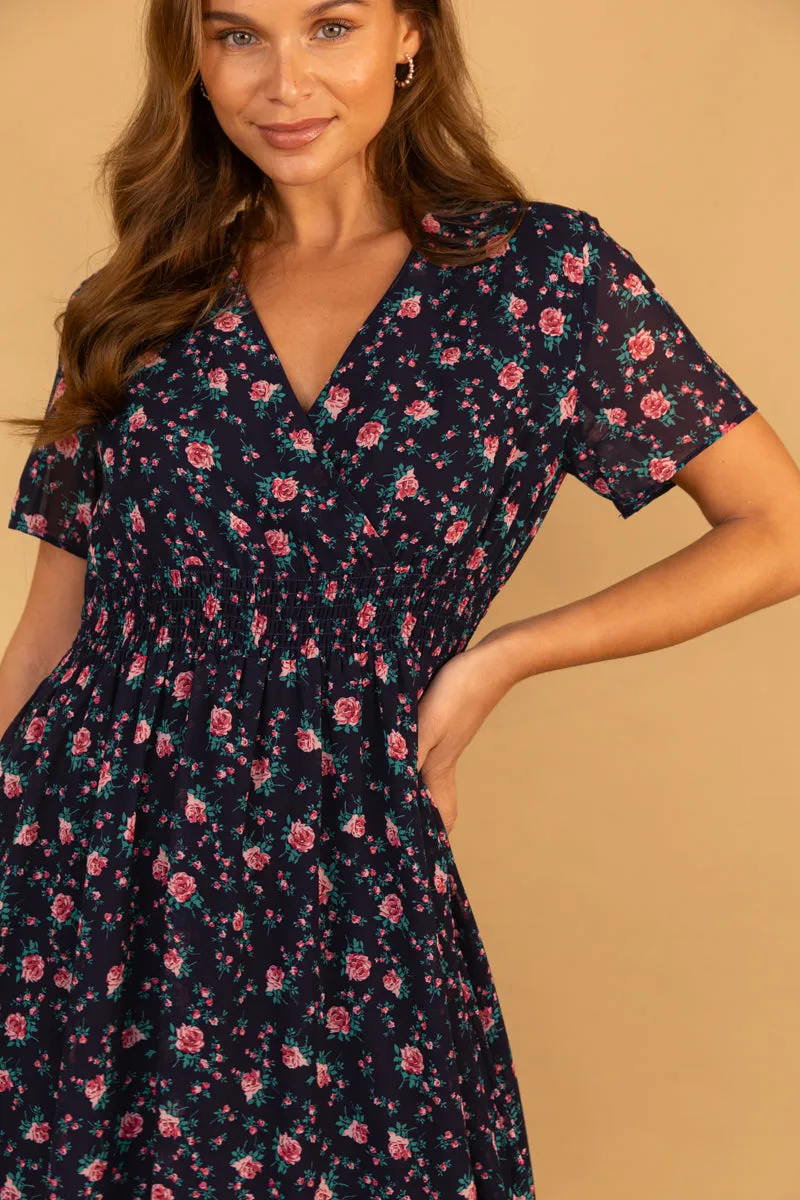 Slit Detail Perfectly Fitted Clara Navy & Pink Rose Floral Dress