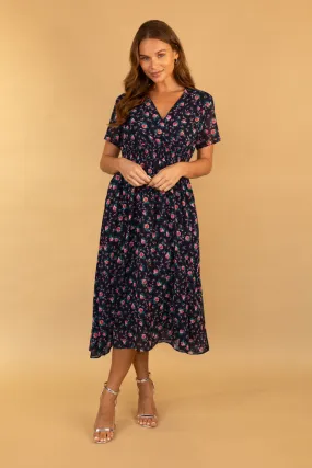 Clara Navy & Pink Rose Floral Dress Outfit Boost AntiFrayEdging