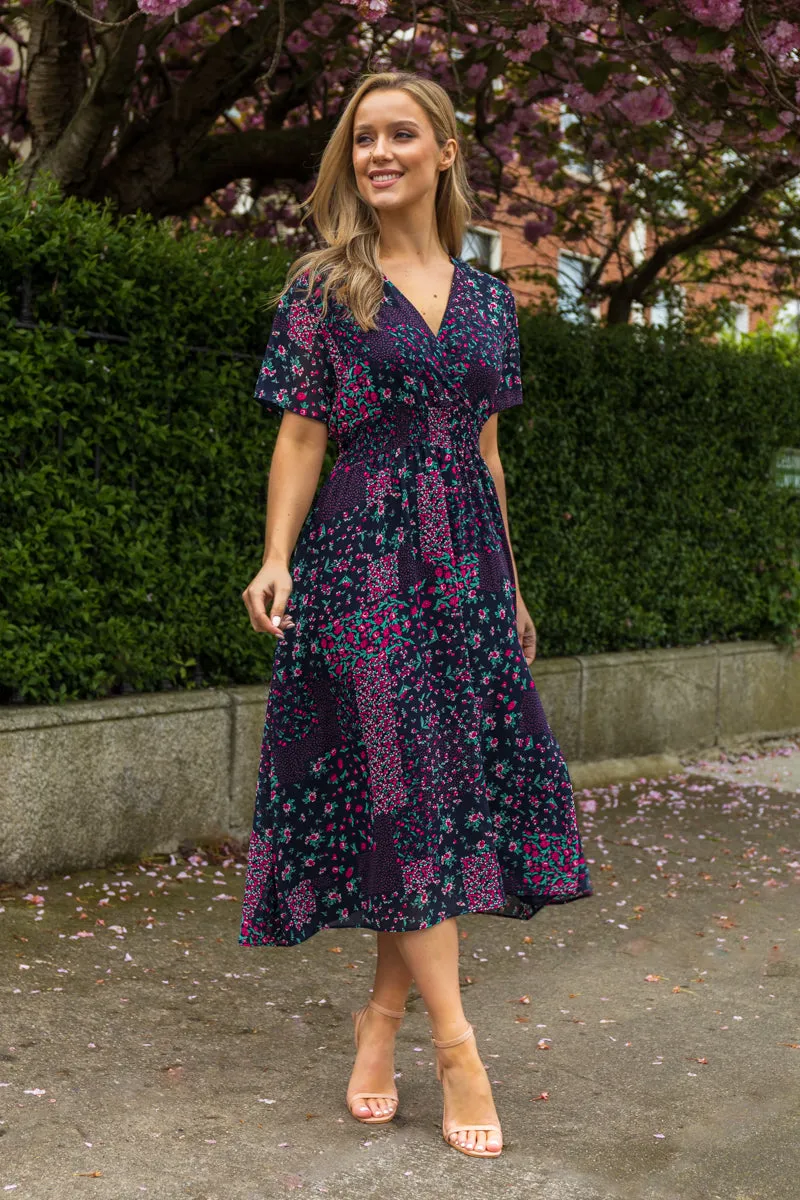 Clara Navy Patchwork V- Neck Midi Dress Resort Outfit