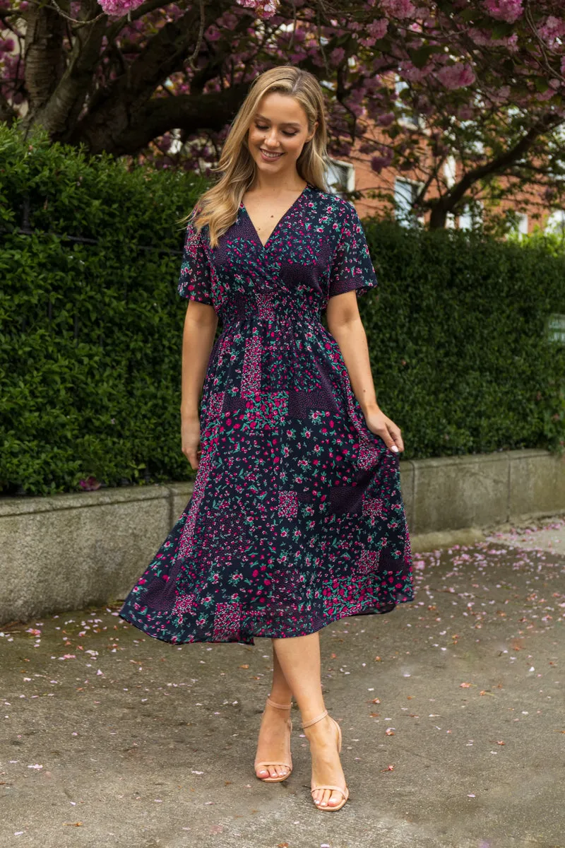 Cool Fabric Clara Navy Patchwork V- Neck Midi Dress