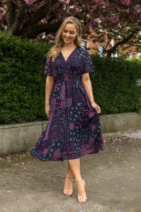 Clara Navy Patchwork V- Neck Midi Dress Sleeve Light Comfy Fit Wear
