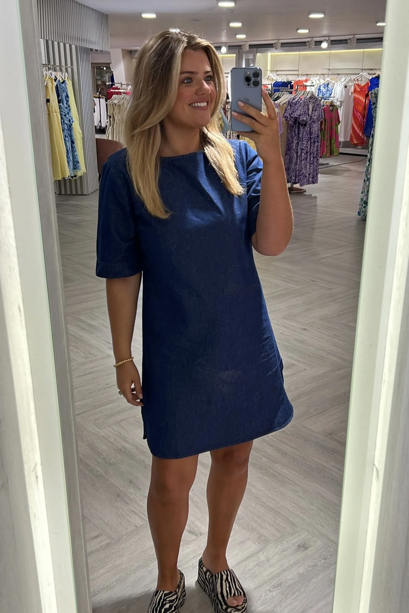 Boat-Neck Tenim Medium Blue Dress