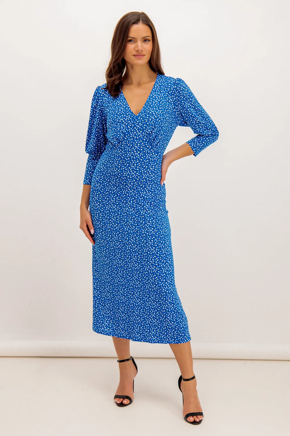 Lounge Cut Casual and Smart Sallie Blue Floral V-Neck Midi Dress