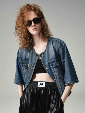 Collarless Denim Jacket Odor Resistant Material Anti Ride Up Design