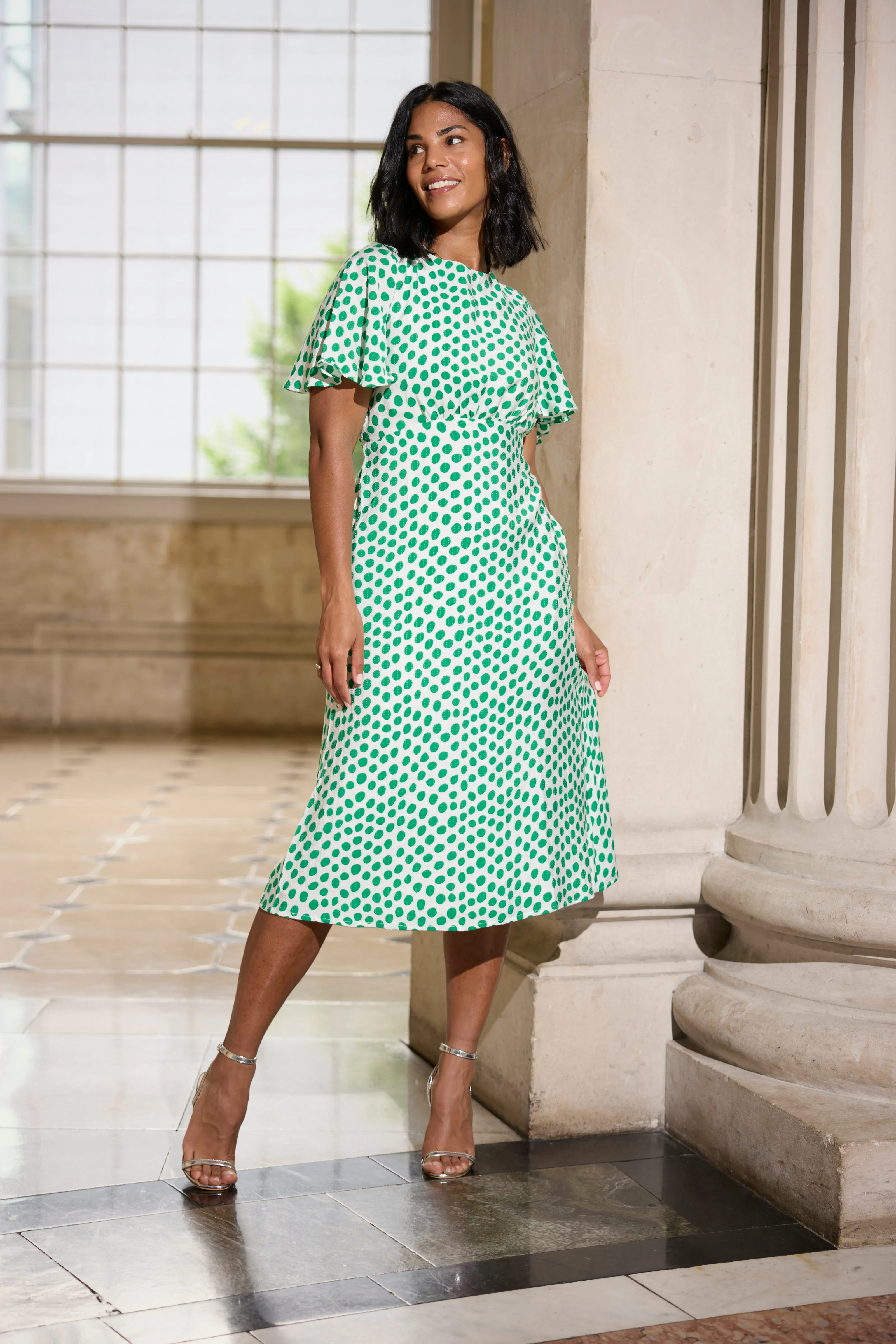Metallic-Shine Green & White Polka Dot Niko Dress