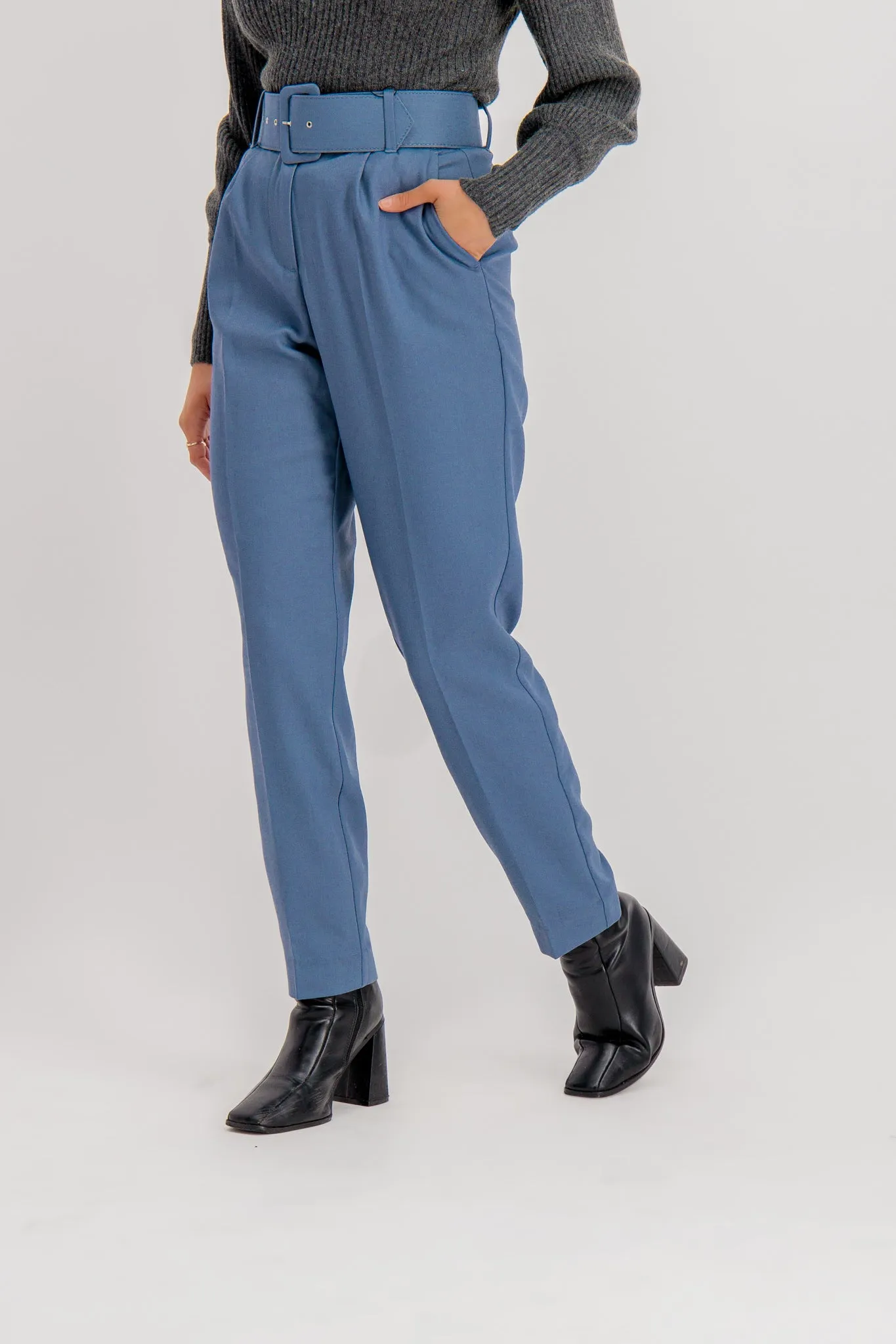 Sweat Wicking Lining Non Slip Waistband Julie Blue High Waited Belted Trousers