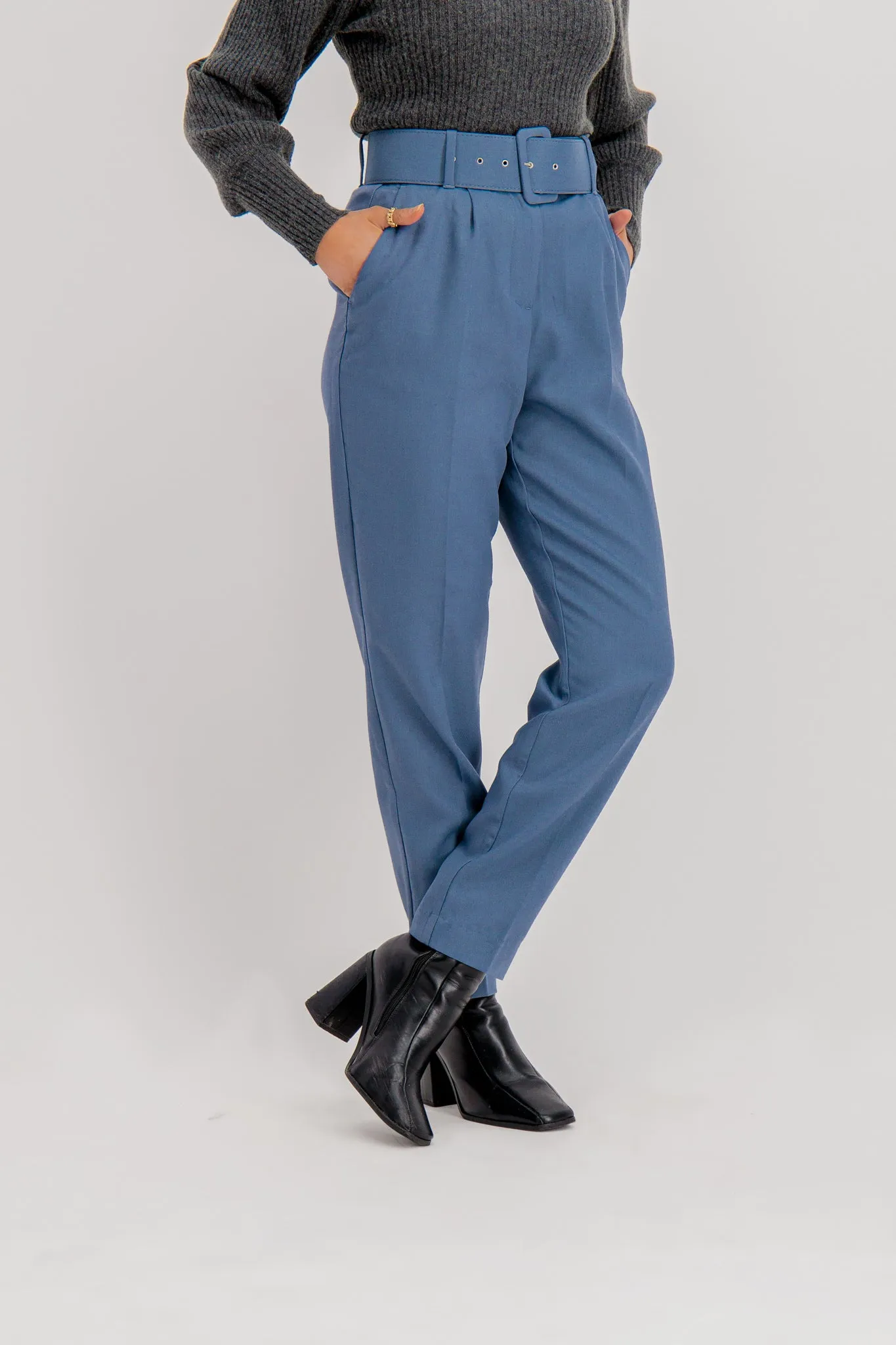 Julie Blue High Waited Belted Trousers Flexible Fabric