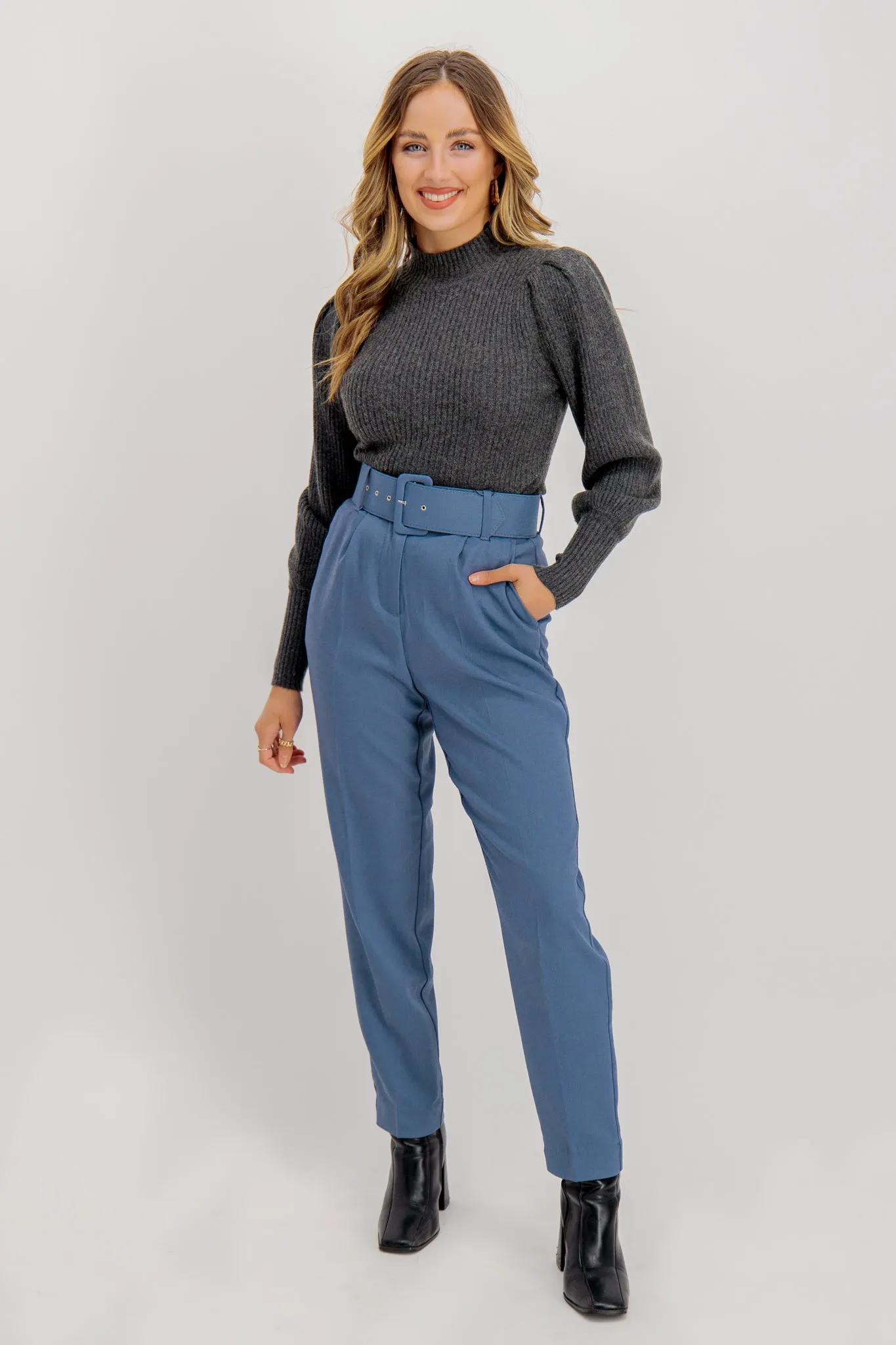 Julie Blue High Waited Belted Trousers ThermalRegulation Minimalist Look