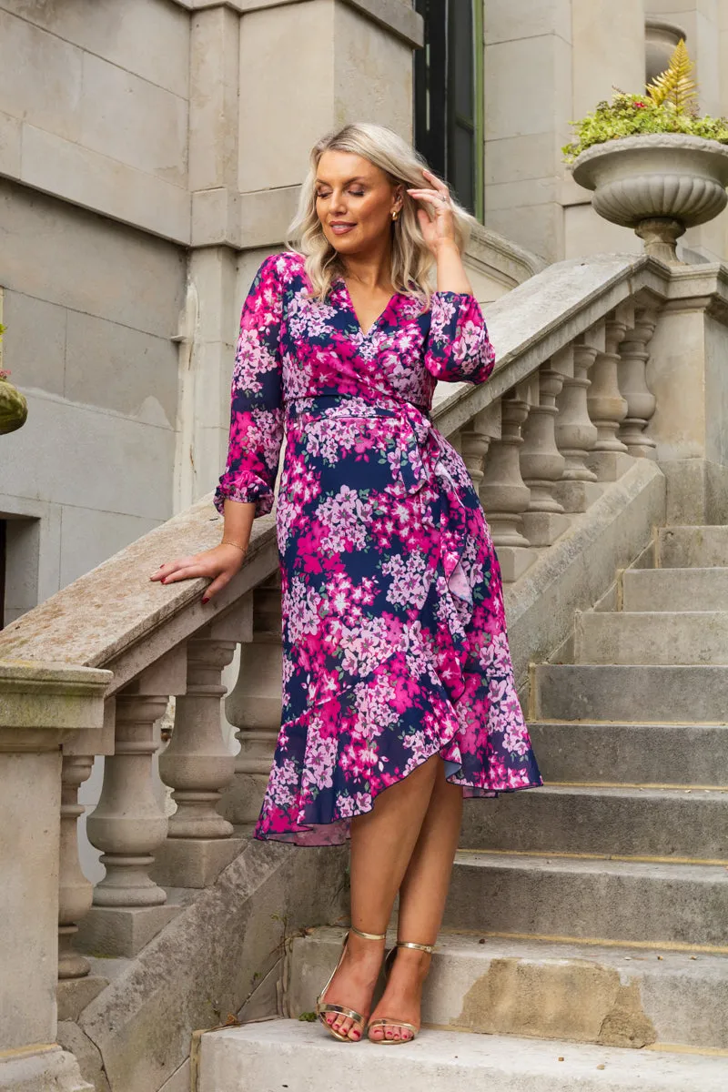 Ruby Navy & Pink Floral Chiffon Dress Satin Glow