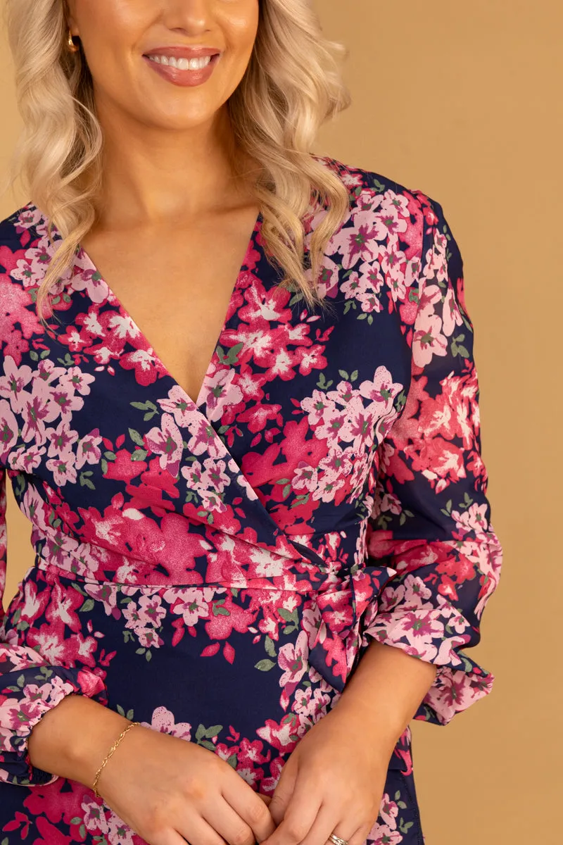 Draped-Style Ruby Navy & Pink Floral Chiffon Dress