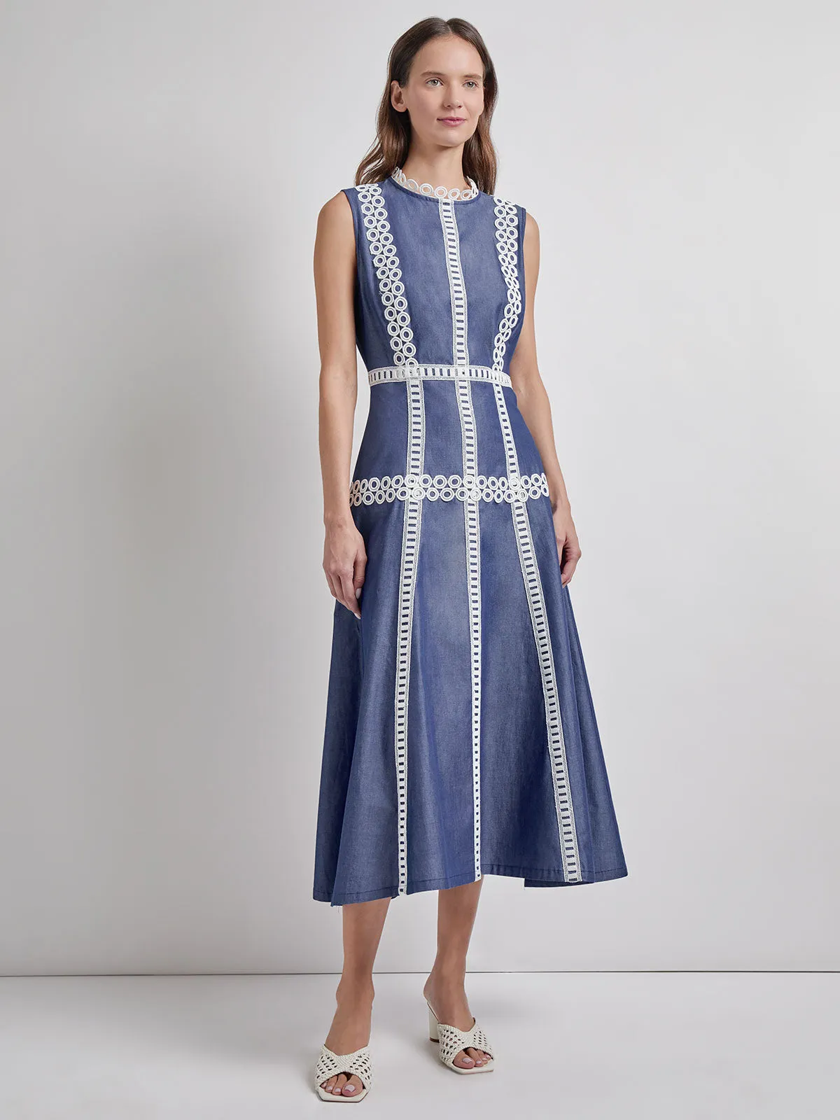 Monochrome Mood Modern Fit & Flare Cotton Eyelet Trim Maxi Dress