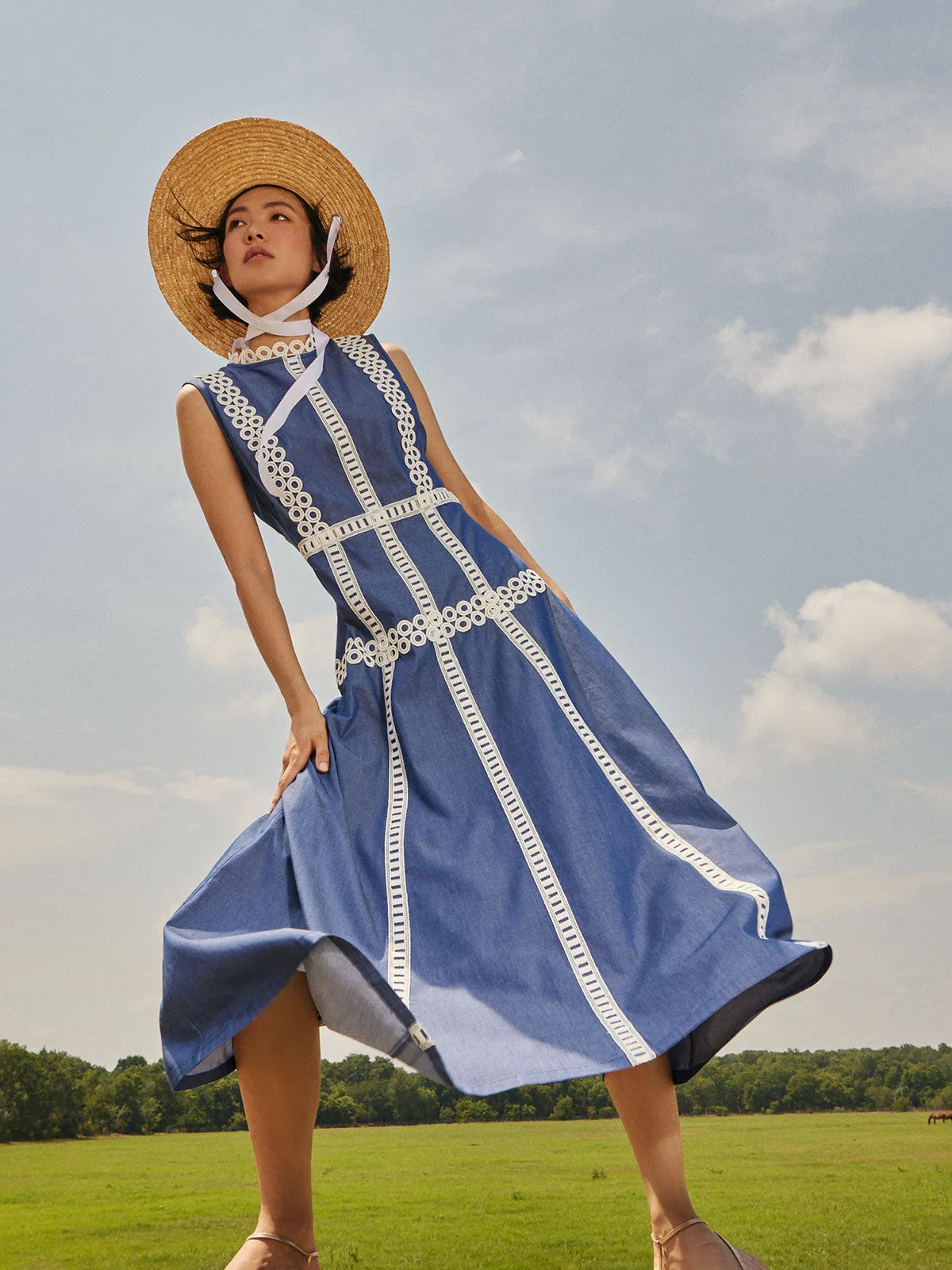 Modern Fit & Flare Cotton Eyelet Trim Maxi Dress Flow Sleeve Layered Design