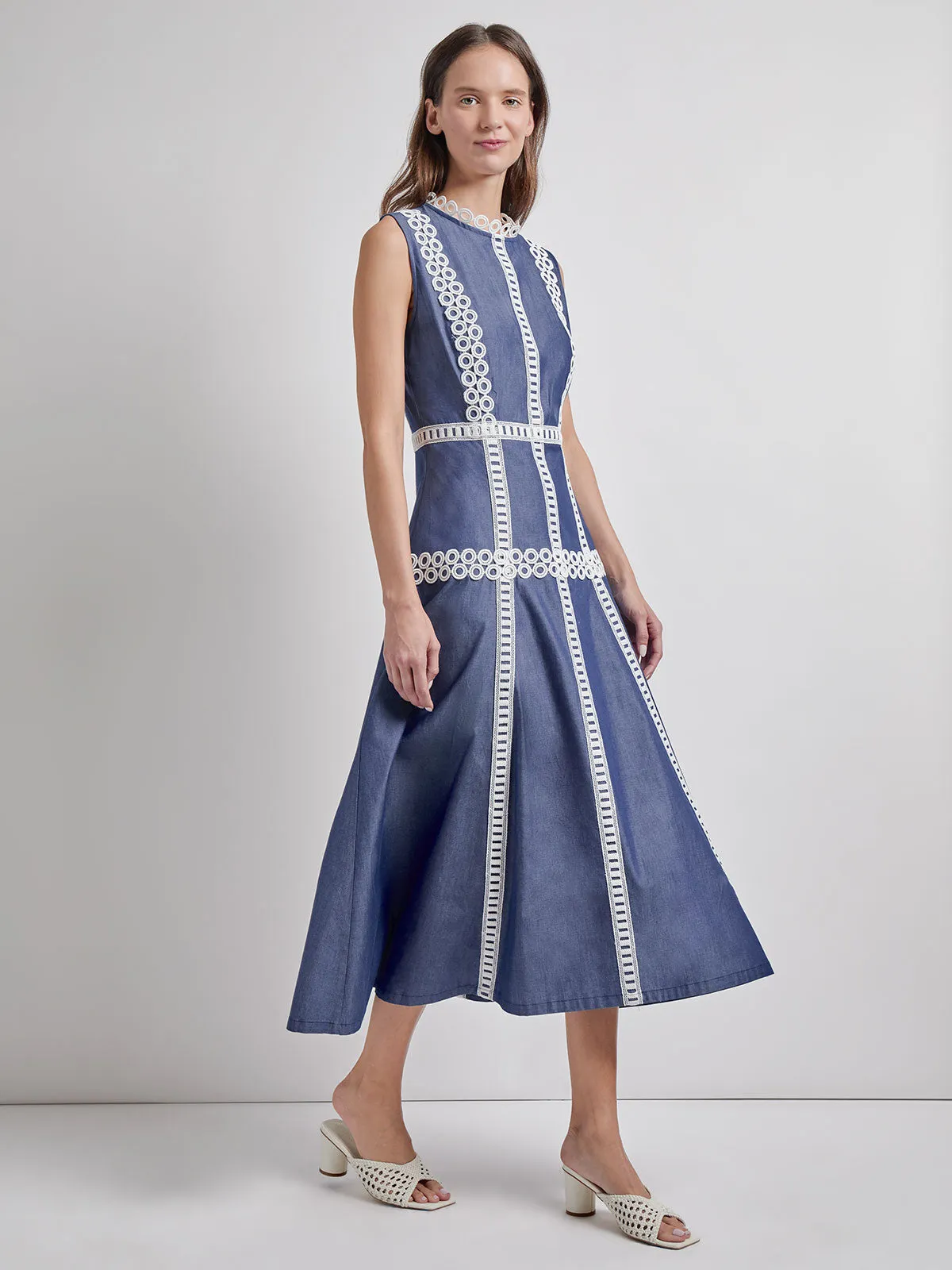 Simple Yet Elegant Slit Detail Modern Fit & Flare Cotton Eyelet Trim Maxi Dress
