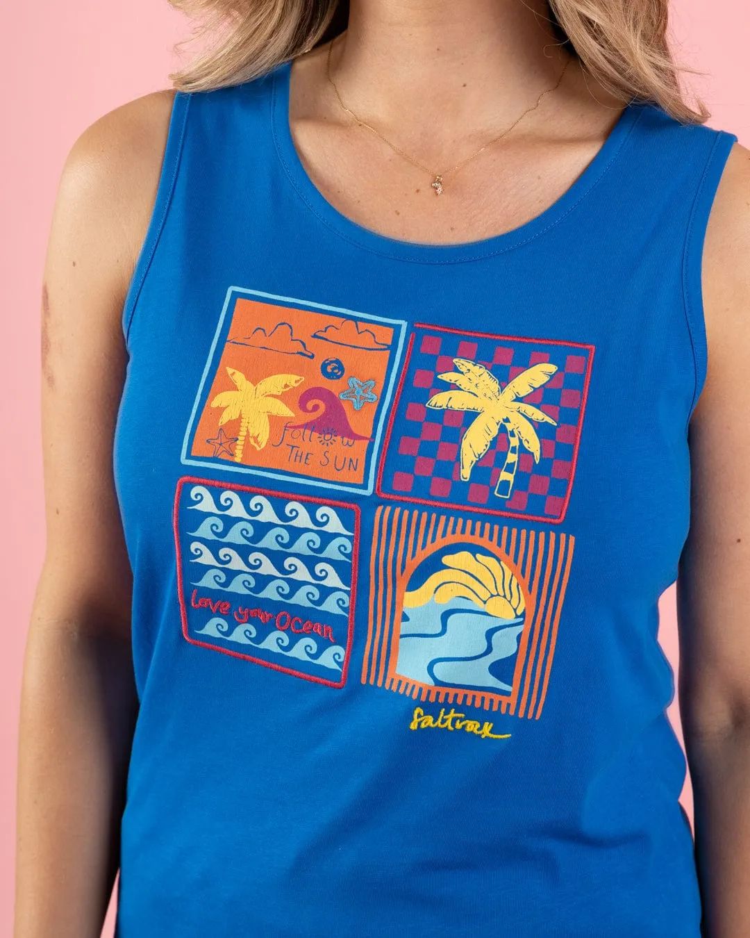 Vacay - Womens Vest - Blue Sleeveless Premium Cotton