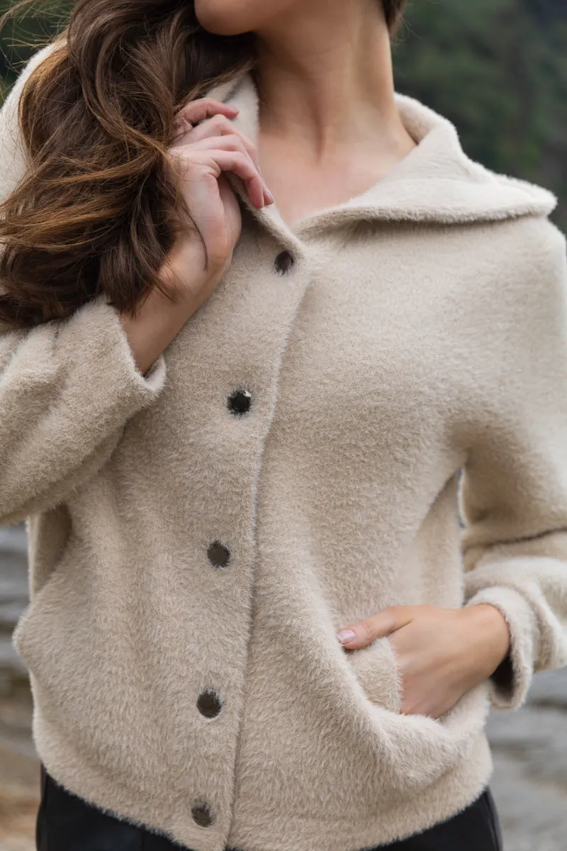 Elastic hem Ripstop Reinforcement Charlie Beige Hooded Brushed Cardigan