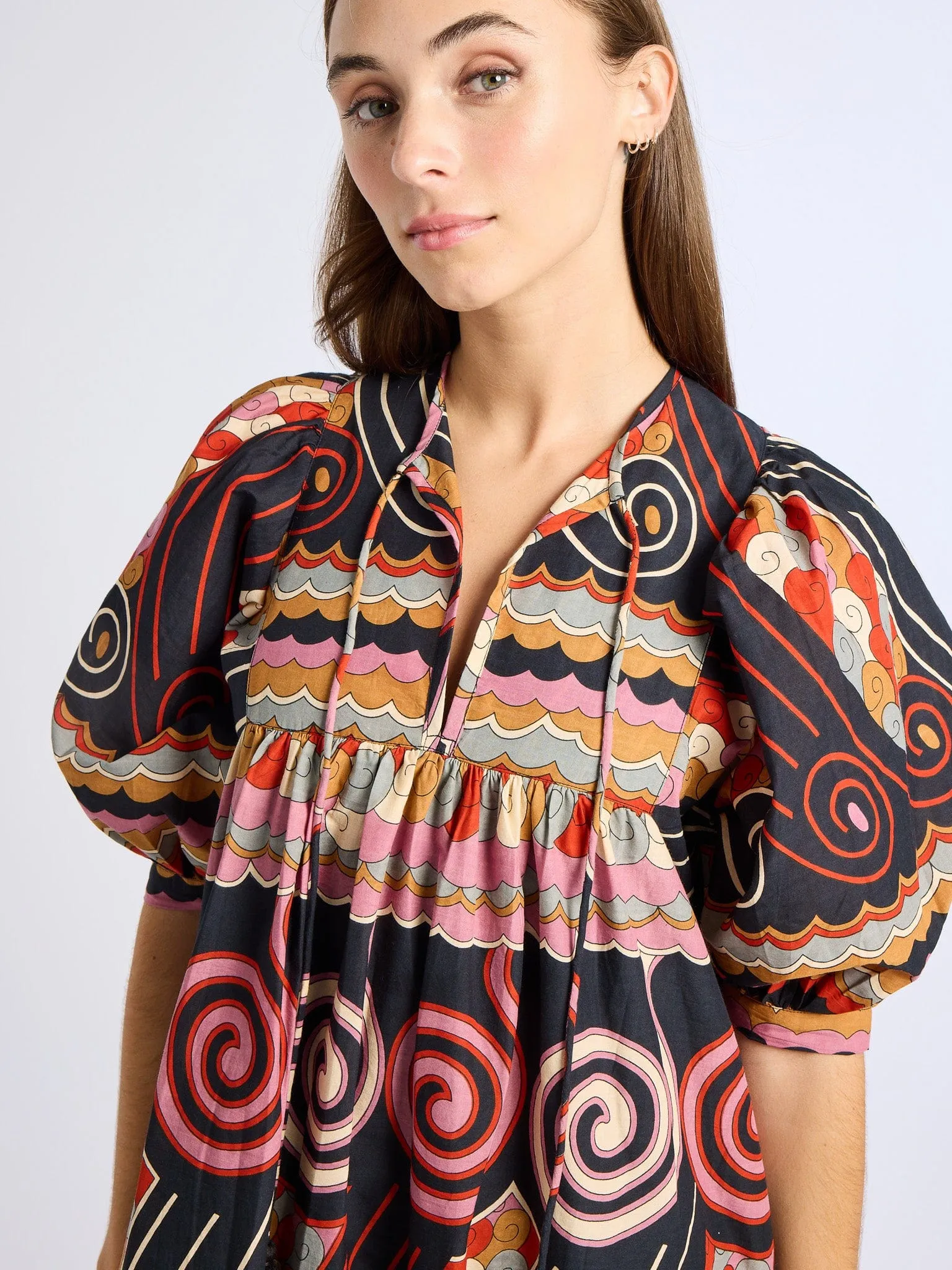 Saffron Dress in Maar Print Natural Layers Timeless Shape