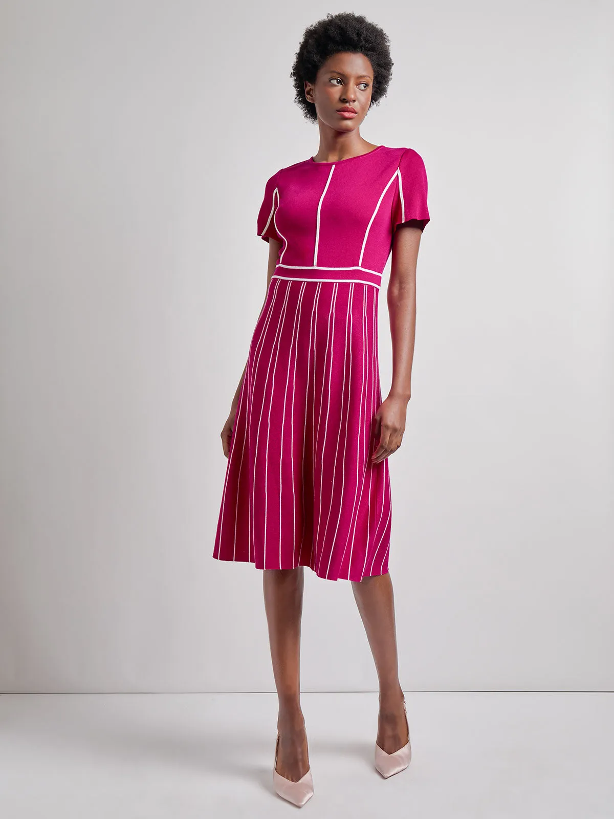 Fall Comfort Bold Elegance Contrast Stripe A-Line Soft Knit Dress - Modern Fit