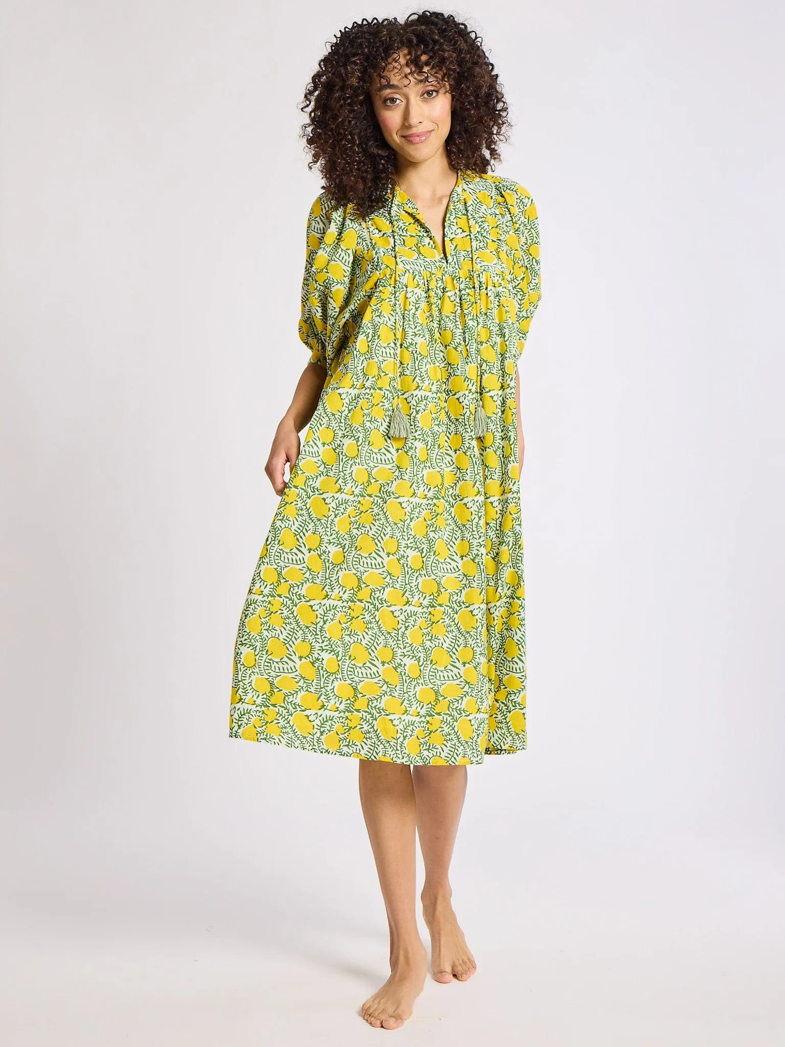 Saffron Dress in Lemons Cap-Sleeve Refined Style