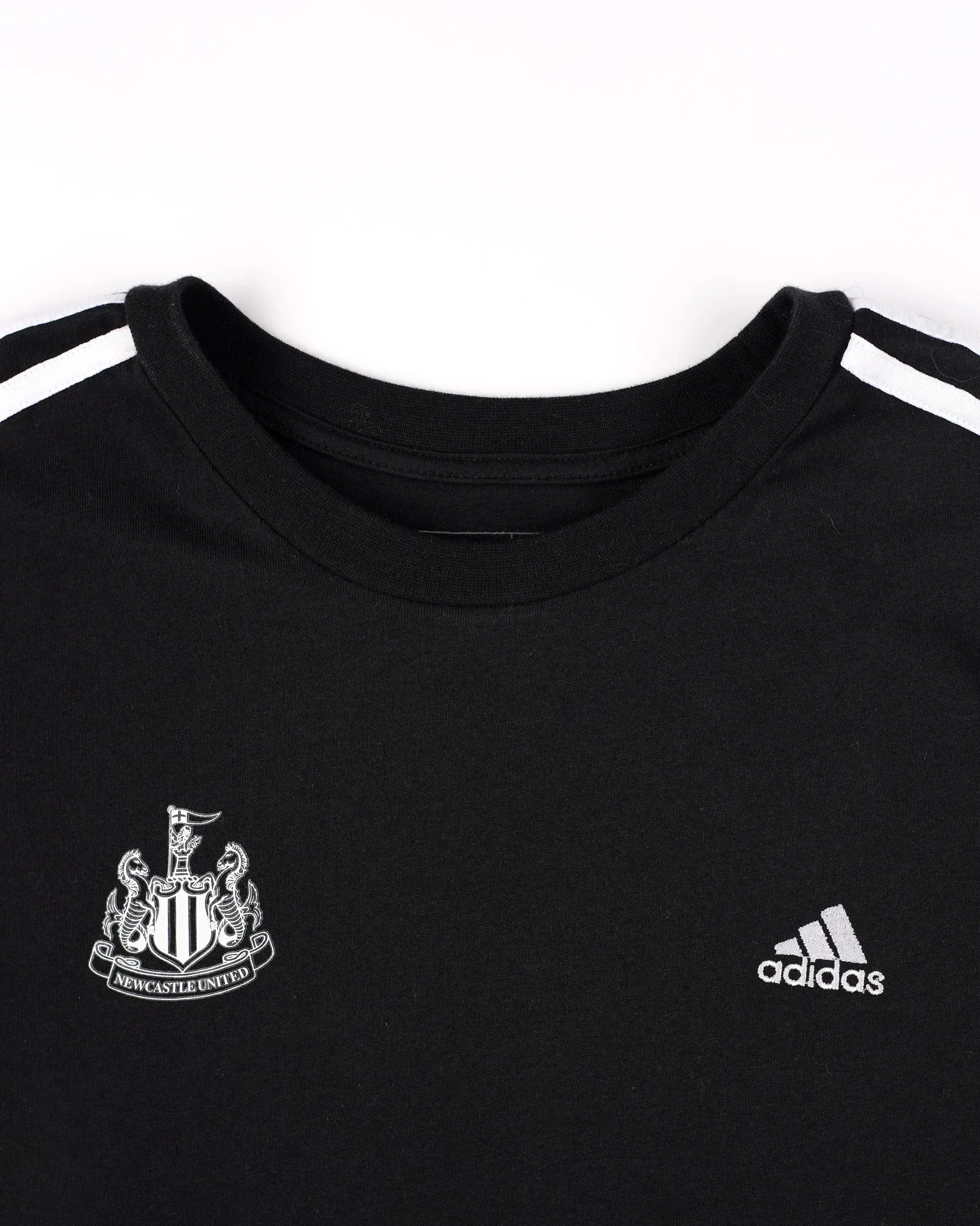 Newcastle United adidas Women's Essentials Slim 3-Stripes Black T-Shirt Low Impact Dye Layered Shoulder Design