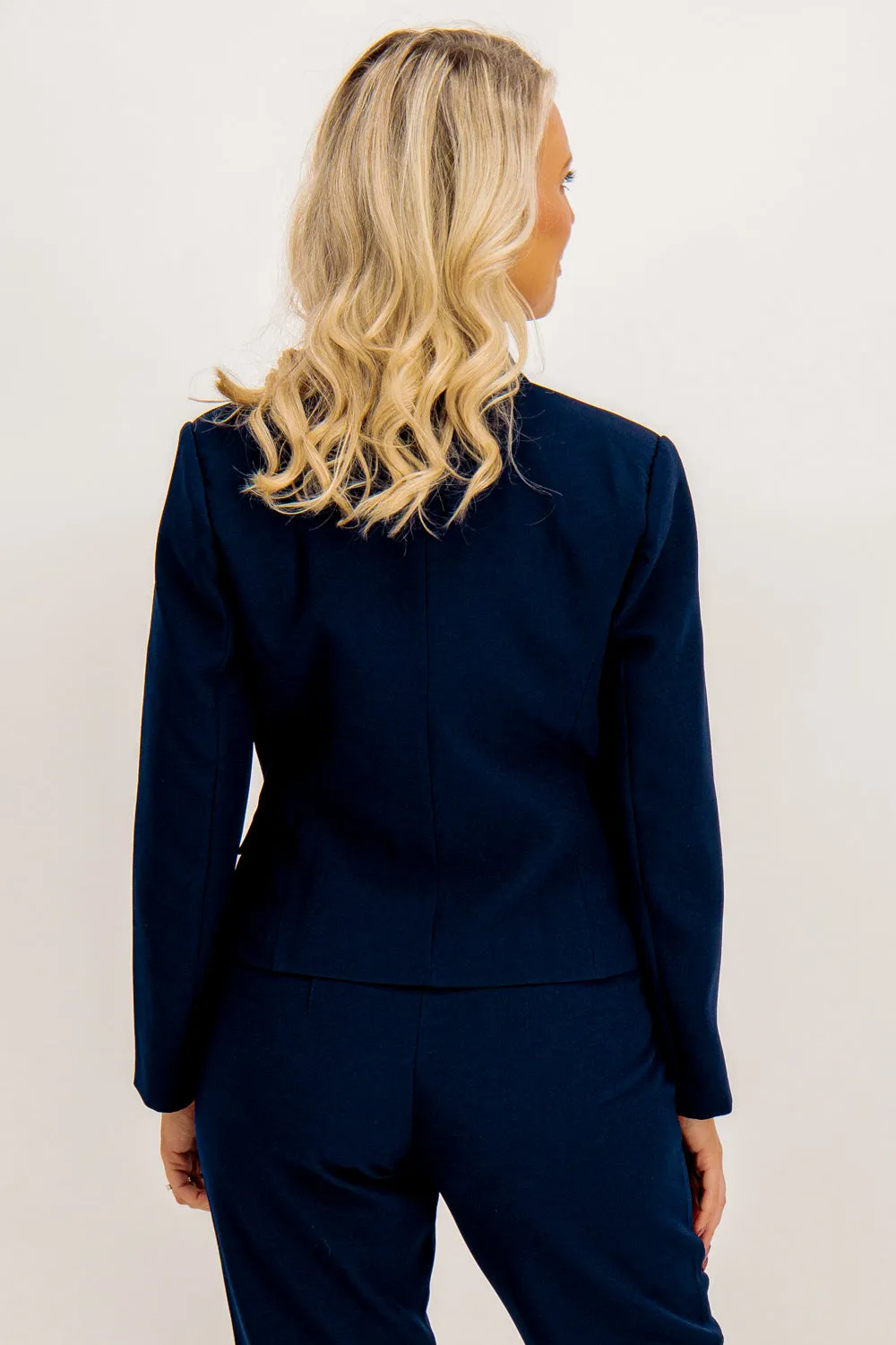 Joan Navy Button Cropped Blazer Adjustable Cuffs Asymmetric Hemline