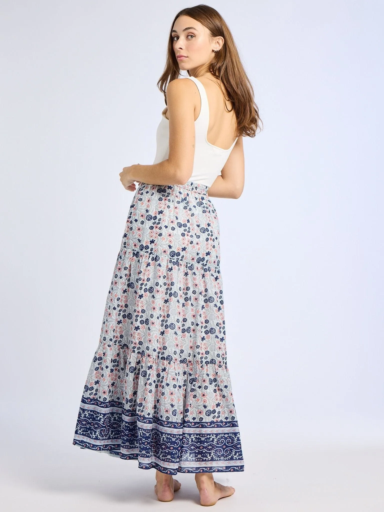 Paola Skirt in Navy Floral Soft Texture Anti Pilling Fabric