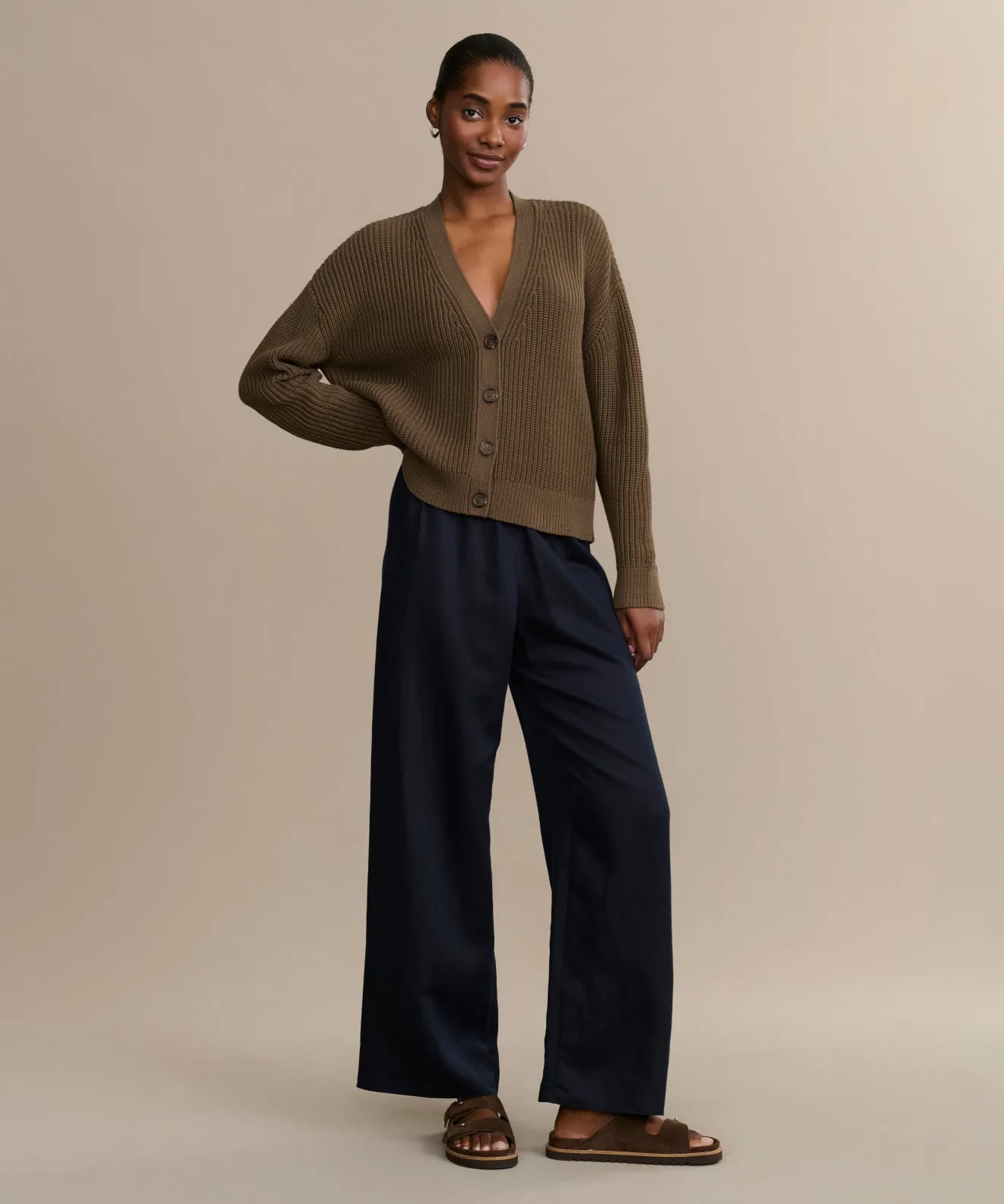 Cropped Cotton Cocoon Cardigan Stretchy Waistband Minimalist Look