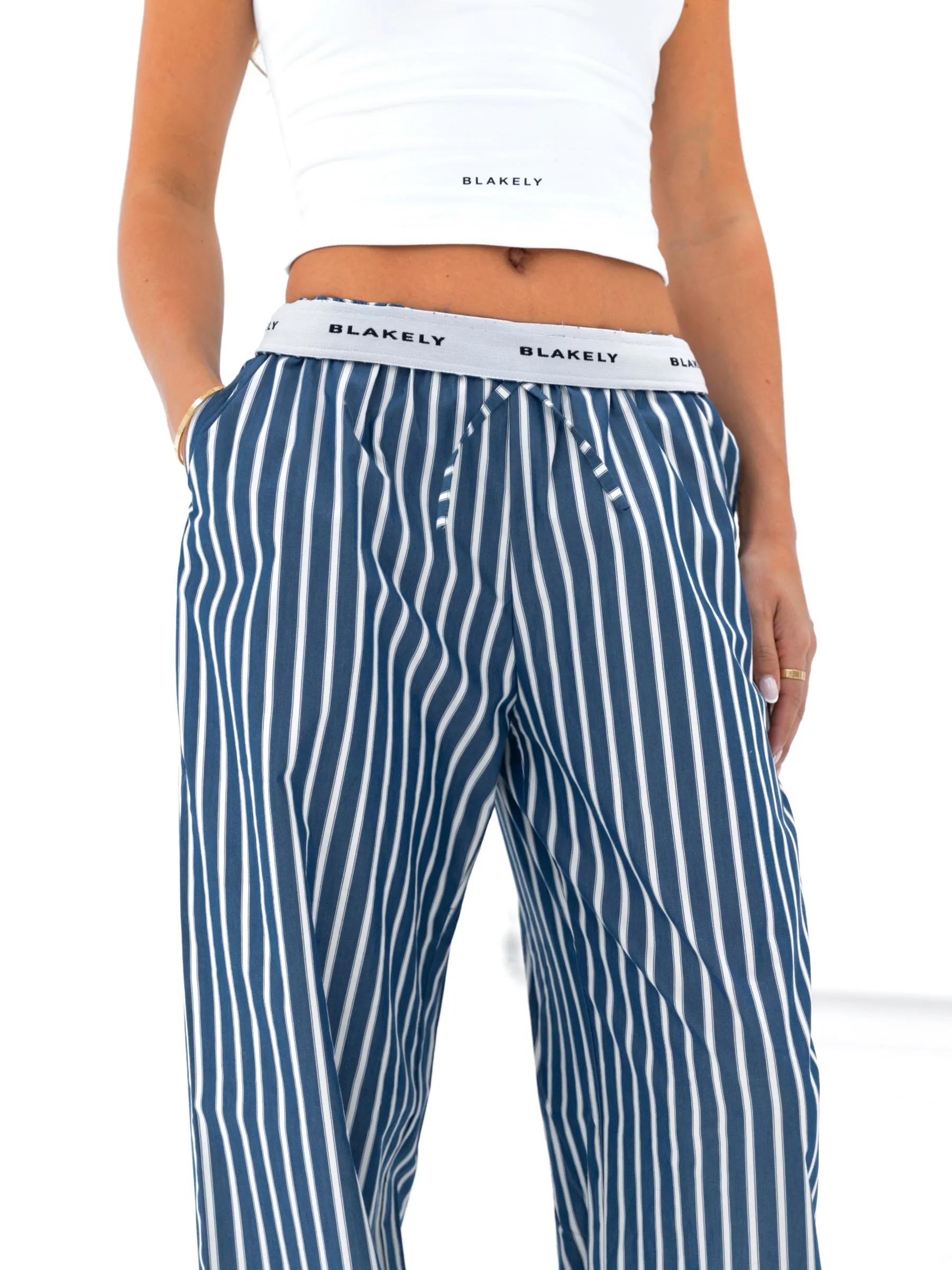 Kiara Stripe Trousers - Navy Home Comfort Bold Look Sunny Vibes Weekend Getaway Trend Setter