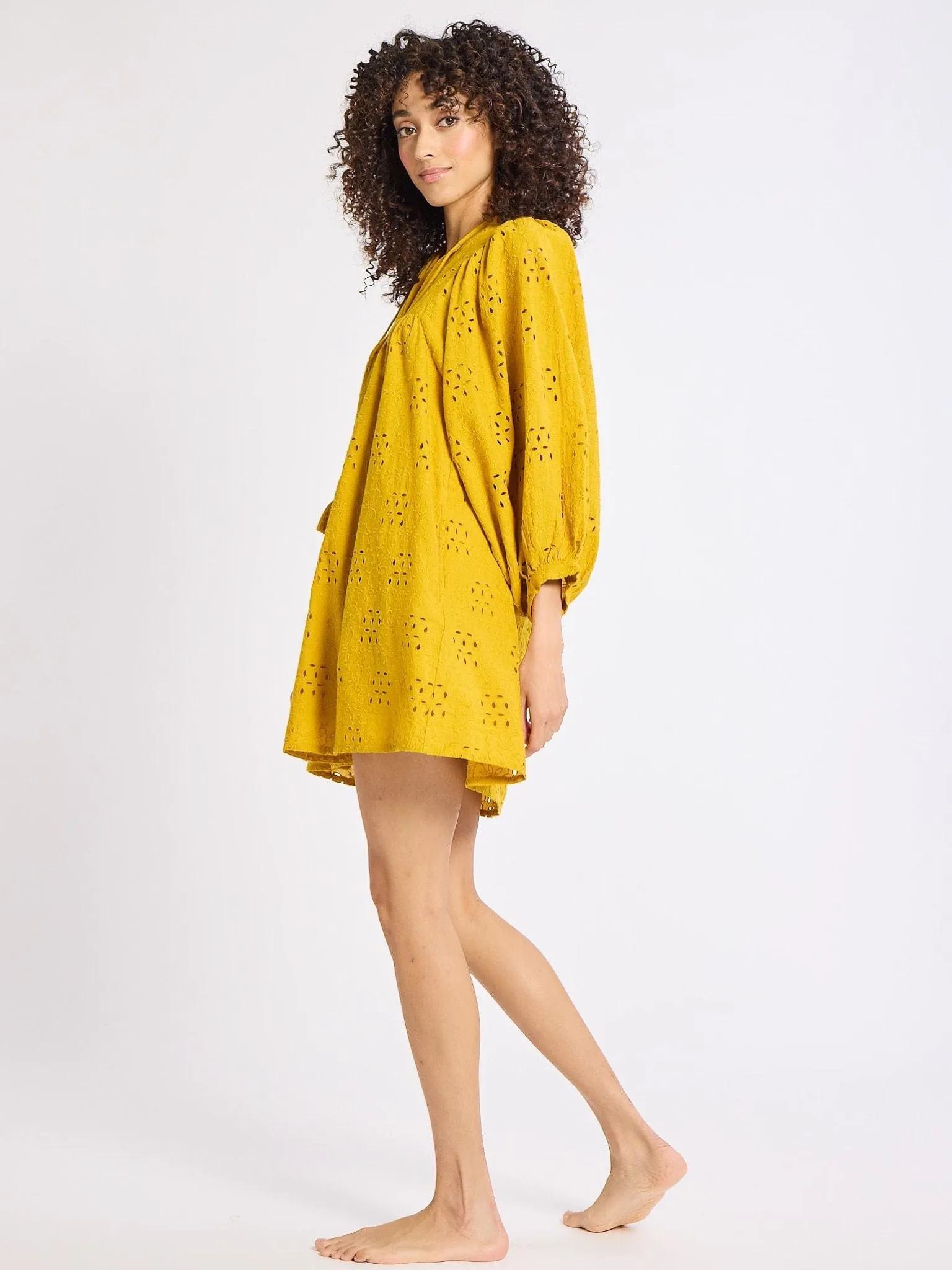ConvertibleNeckline Work Appropriate Daisy Dress in Marigold Eyelet