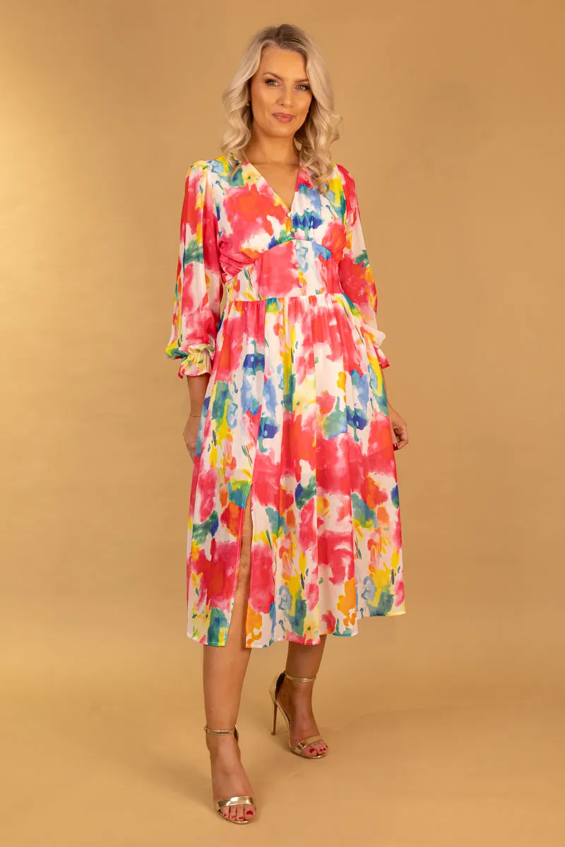 Subtle Drape Cafe Vibe Dee Multi Colour Midi Dress