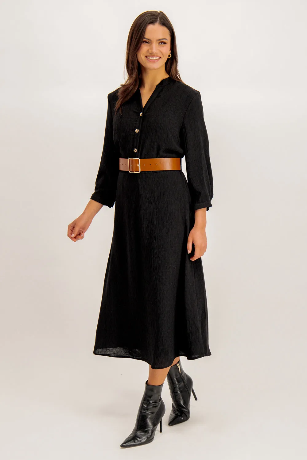 AntiFrayEdging Lix Black Belted Midi Dress