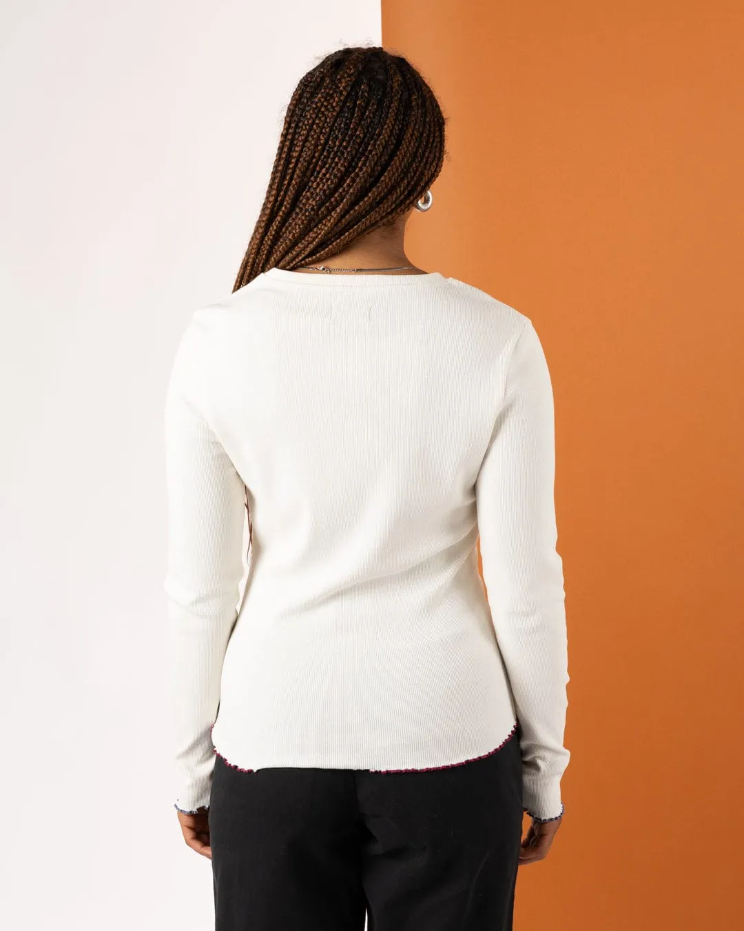 Dixie - Womens Long Sleeve T-Shirt - Cream Smooth Look Embroidered Details