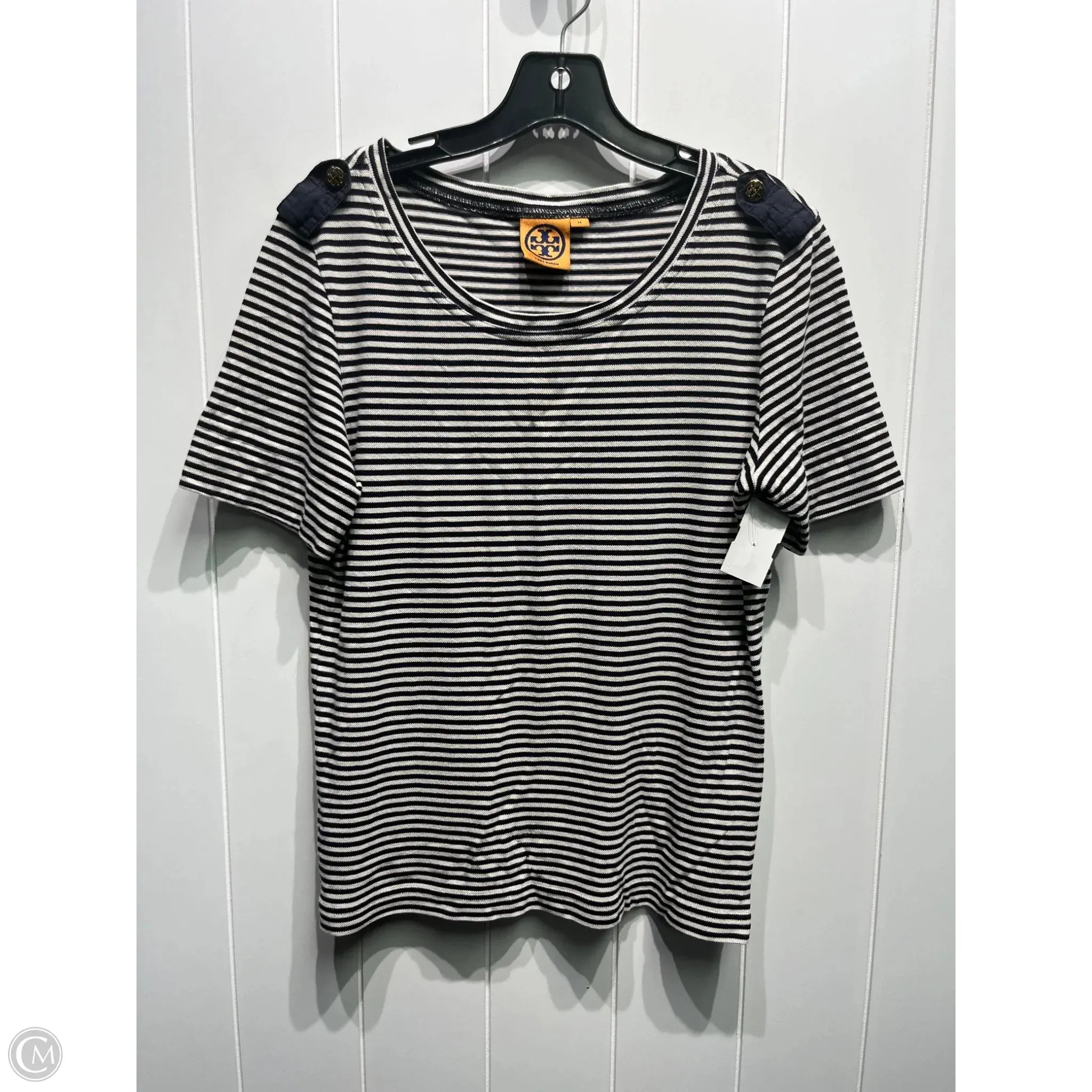 Versatile and Comfortable Top Short Sleeve Designer By Tory Burch In Blue & White, Size: M