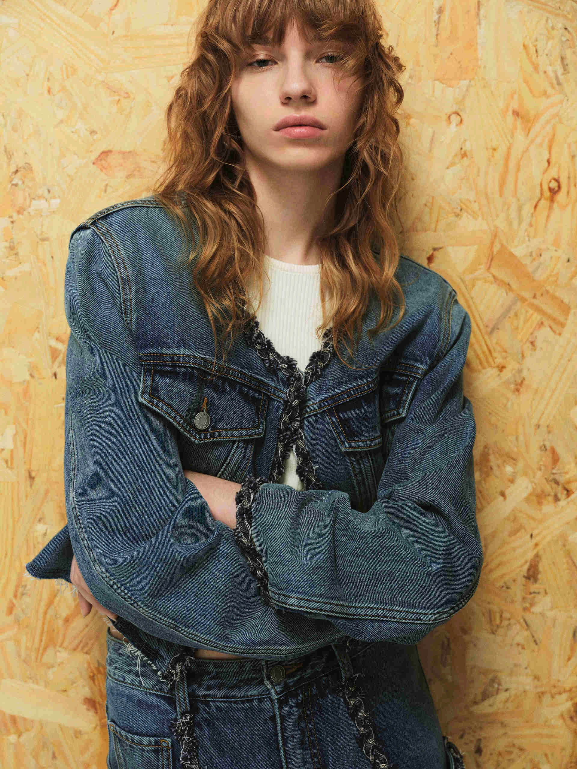Cropped Collarless Denim Jacket Odor Resistant Treatment