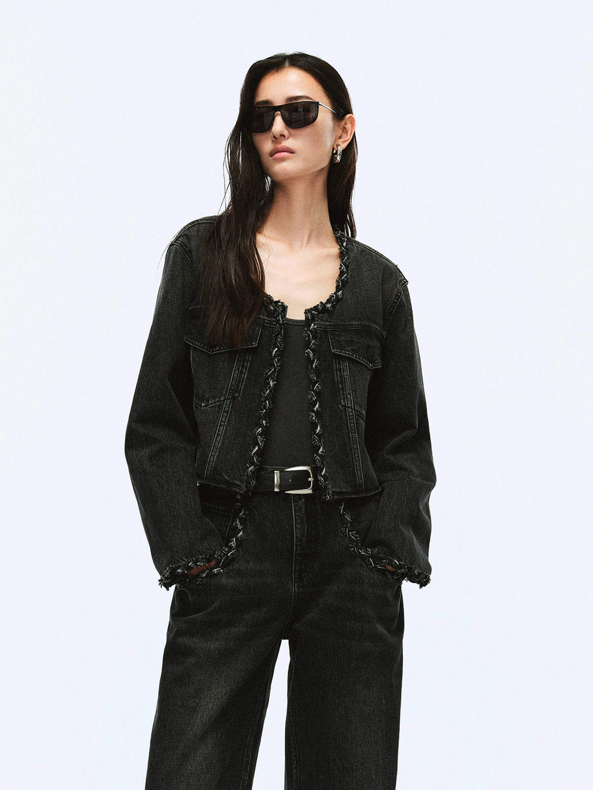 Cropped Collarless Denim Jacket Anti Chafe Seam