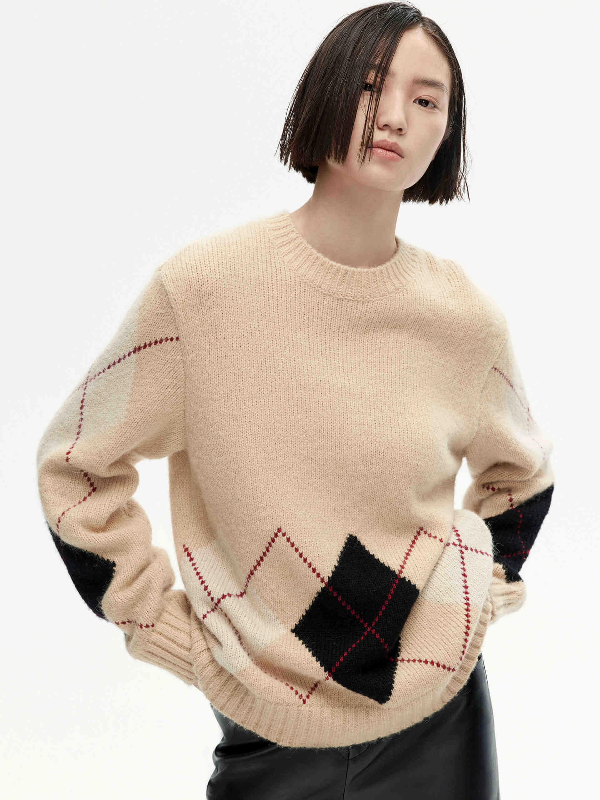 Four Way Stretch Argyle Check Knitted Sweater