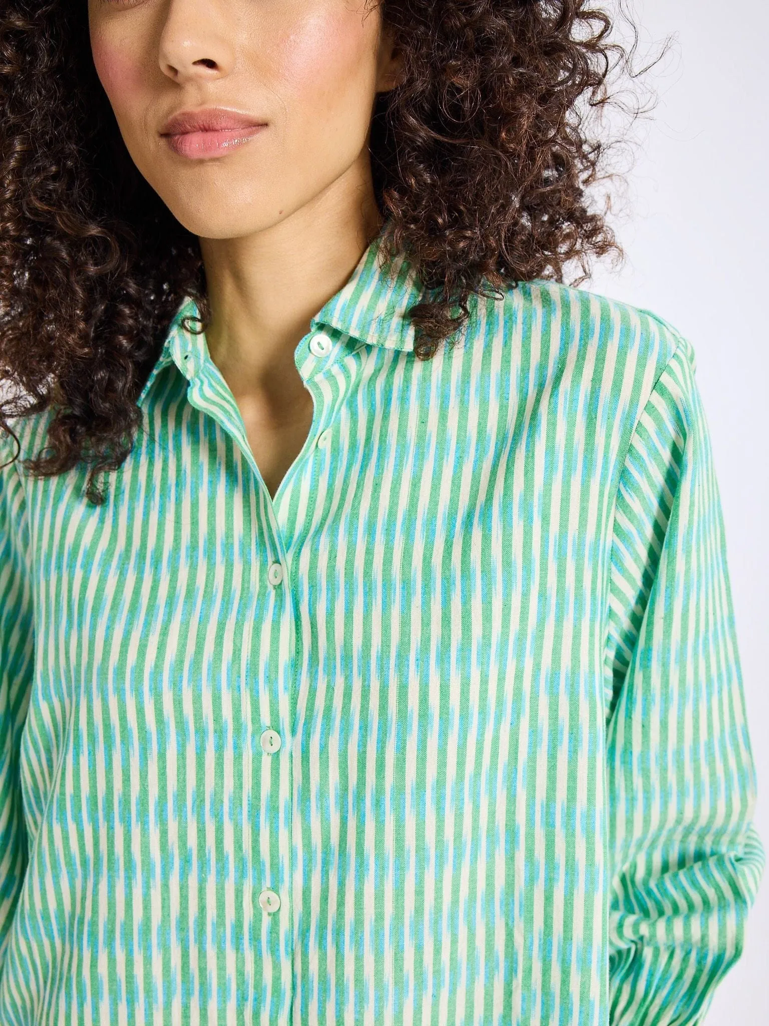 Soft Balance Trendy Everyday Holly Mini Dress in Green & Blue Ikat
