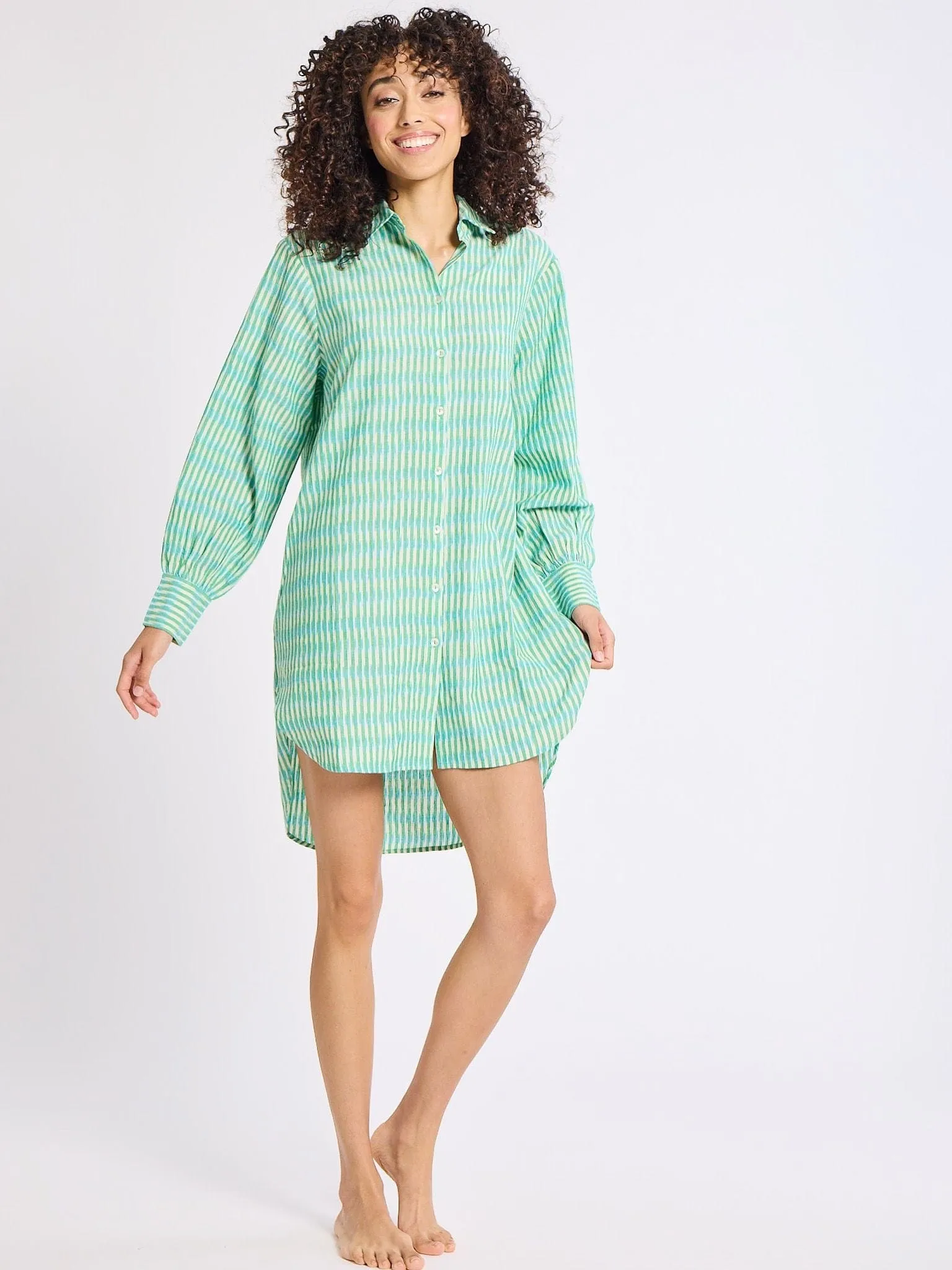 Holly Mini Dress in Green & Blue Ikat Flattering bodycon dress