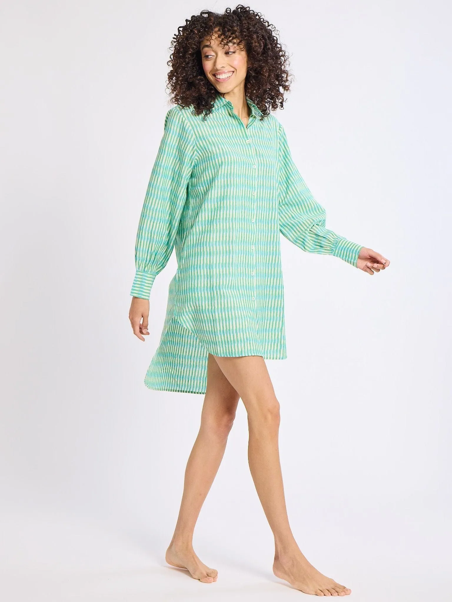 Holly Mini Dress in Green & Blue Ikat Polished Layer Silky Silhouette