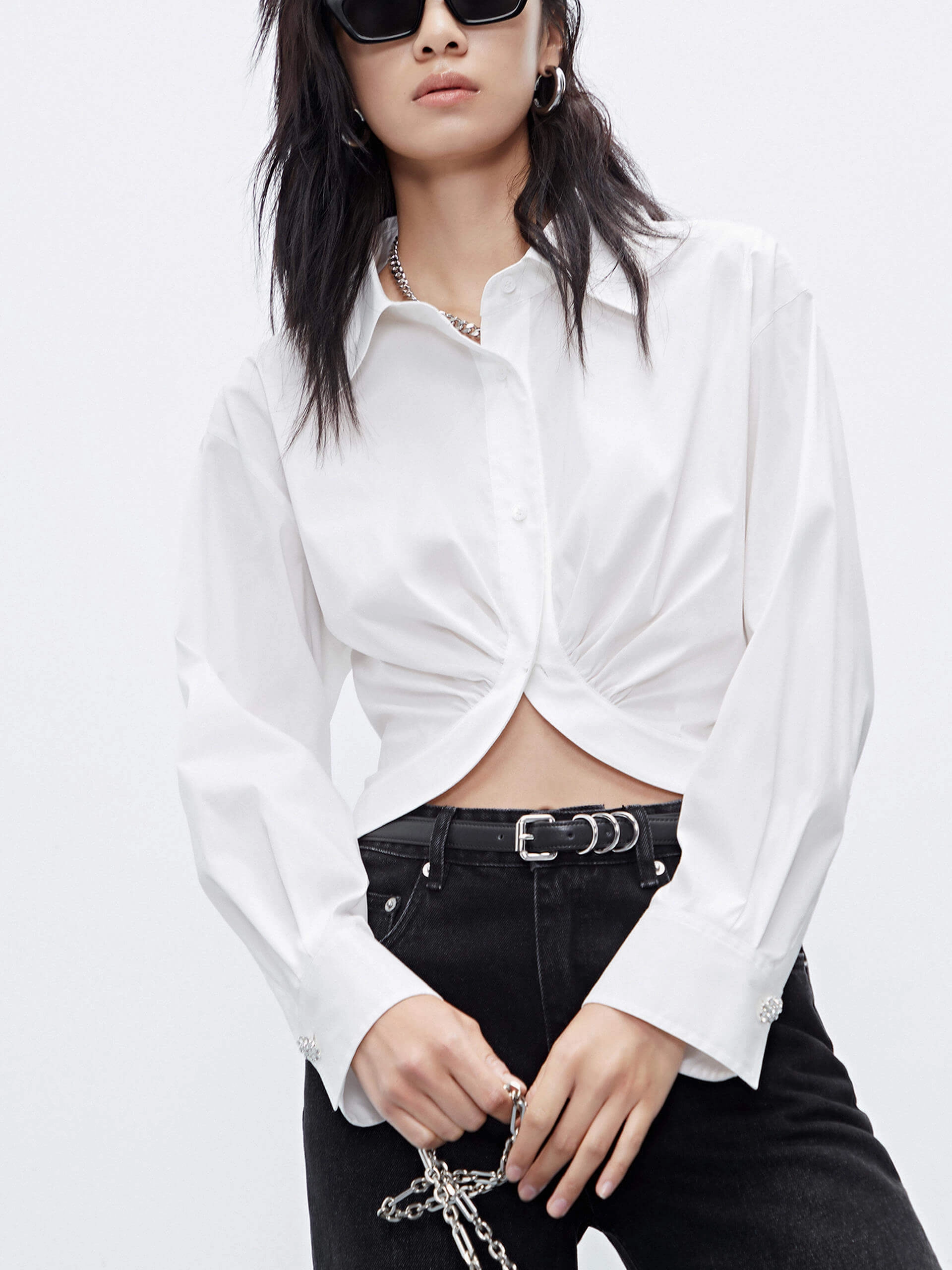 High Elasticity Fabric Flexible Material Cropped Cotton Blend Shirt