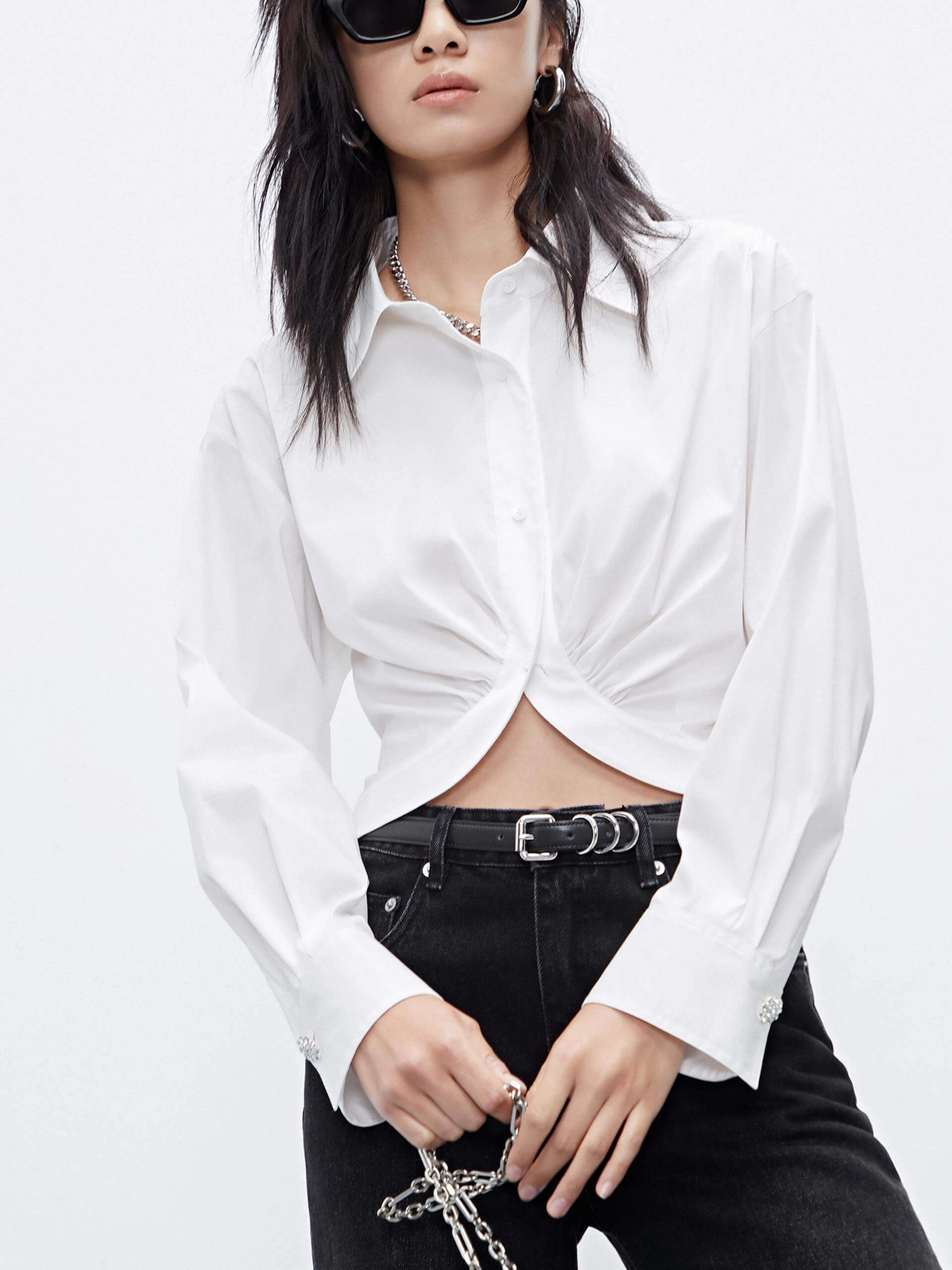 Cropped Cotton Blend Shirt Anti Chafe Seam Flexible Hem Bands