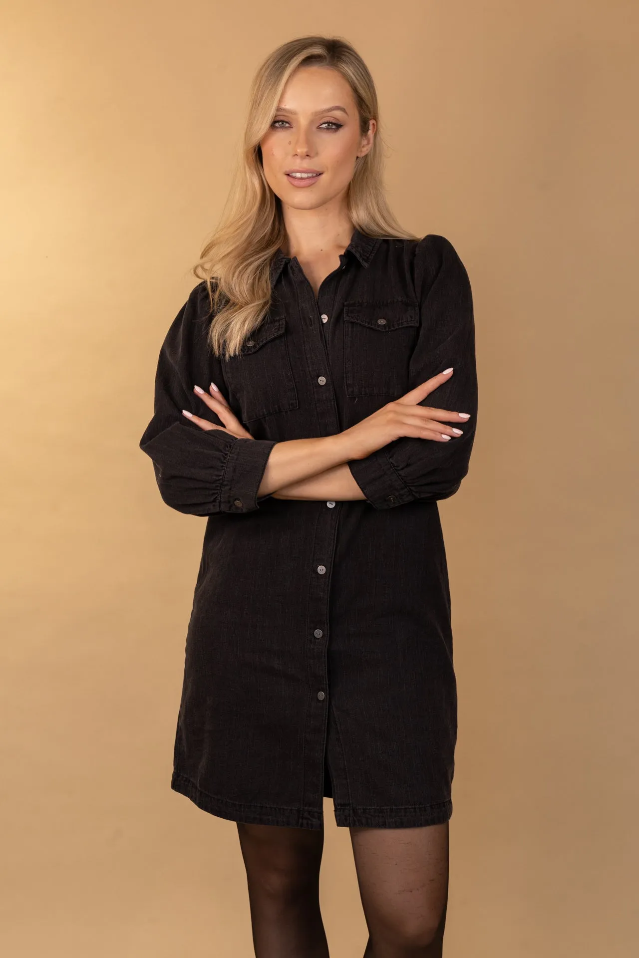 Felicia Washed Black Denim Dress Flow Sleeve Flexible Design