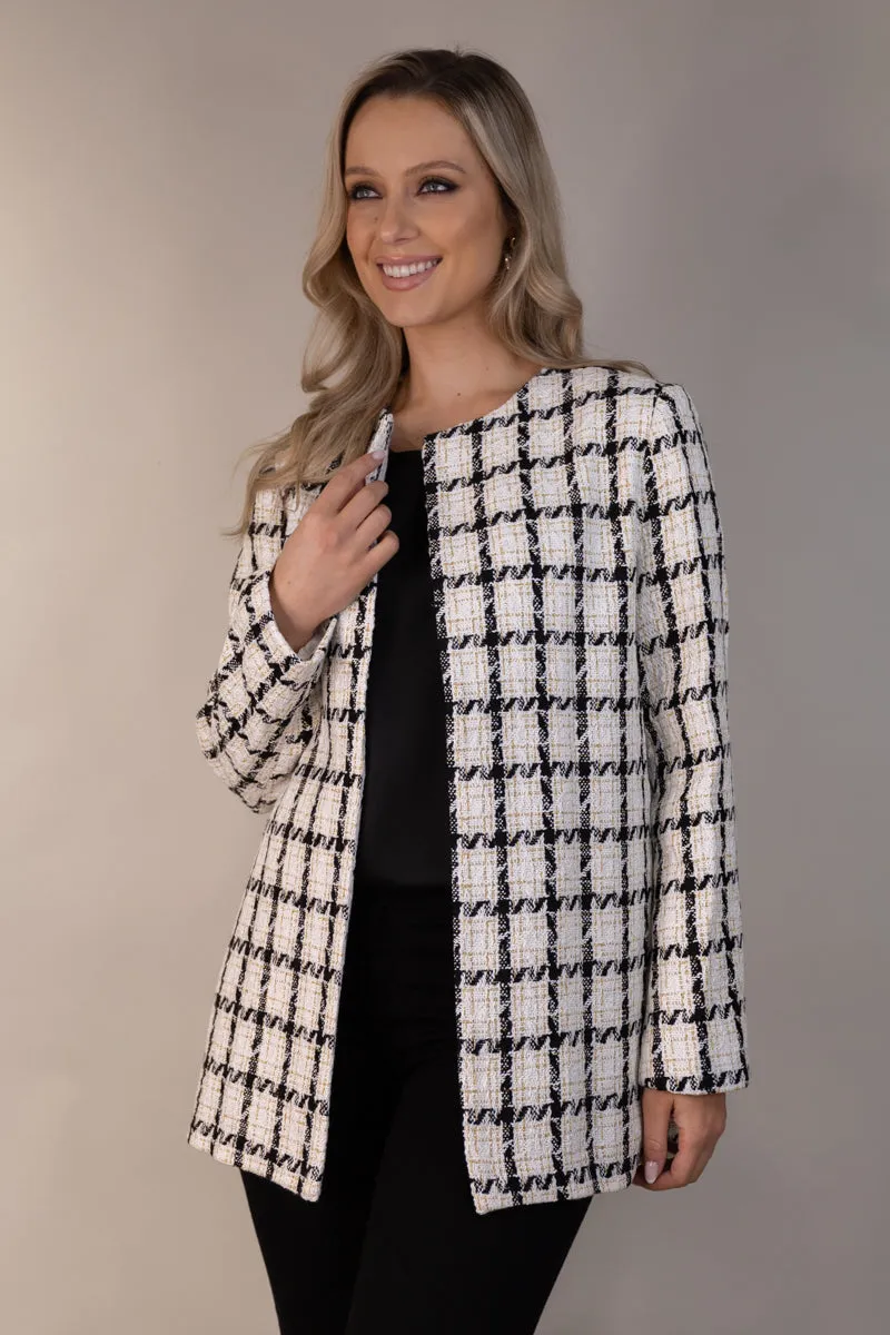 Quinn Off White Black & Gold Tweed Coat Travel Must