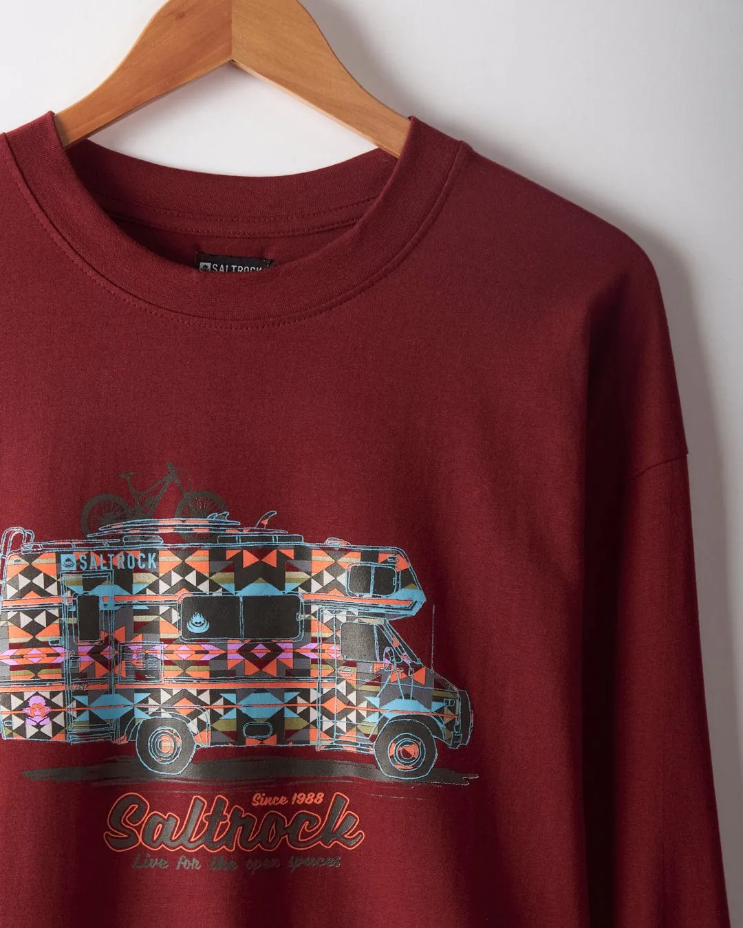Motorhome Mens Long Sleeve T-Shirt - Burgundy Floral Print