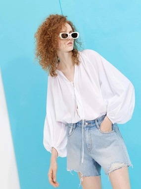 Strap Tie Detail Cotton Shirt Non Constricting Waistband Anti Odor Technology