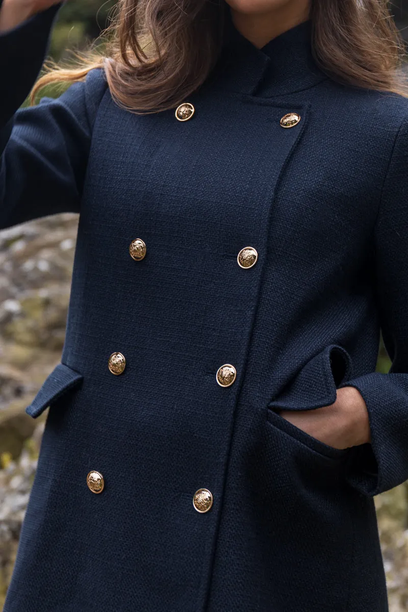 Bonded Closure Mechanism AllDay Comfort Design Jolie Navy Buttoned Military Coat