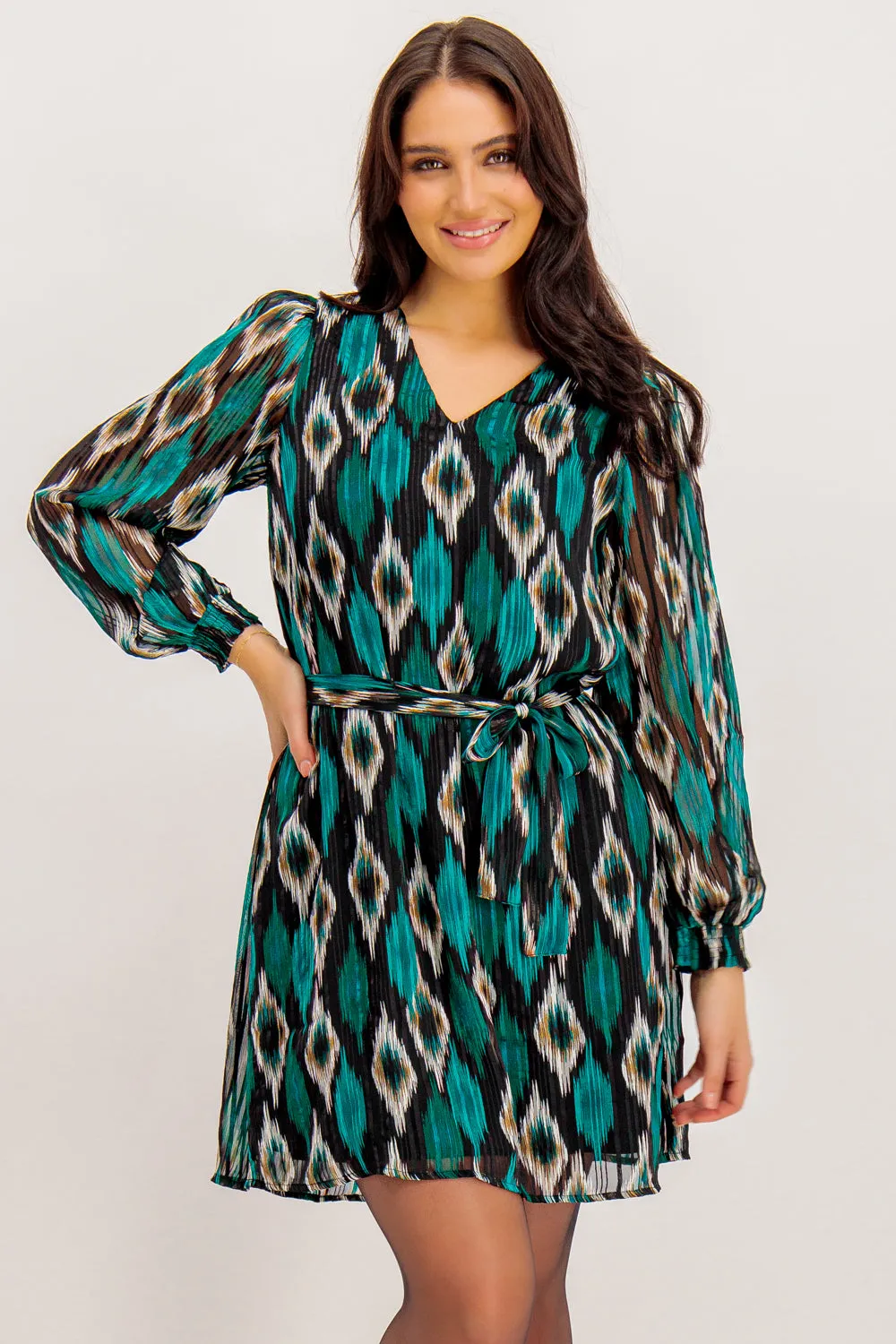Edna V-Neck Belted Dress Earth Colors Trendy pick